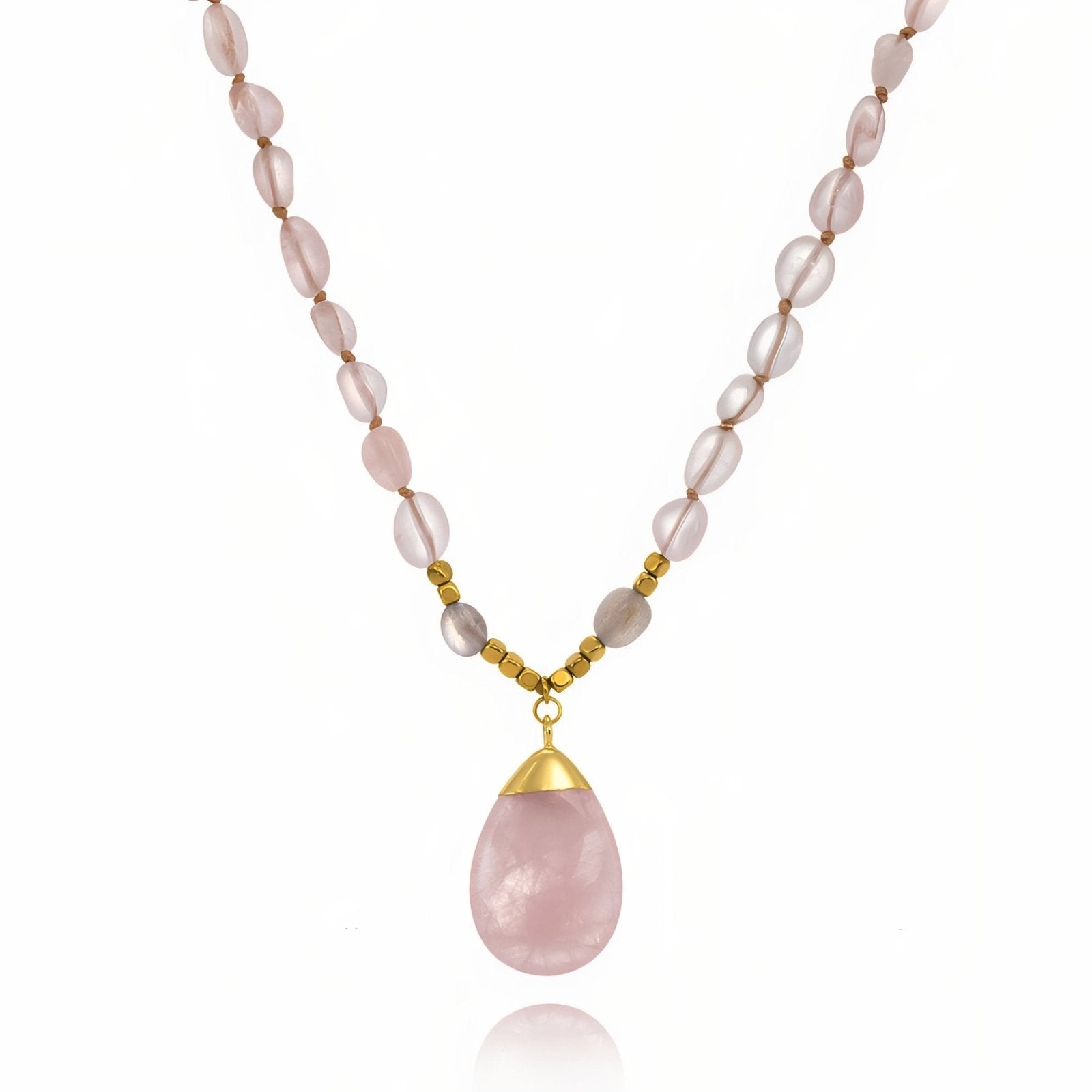 Sautoir en pierres naturelles quartz rose et améthyste, style bohème romantique, modèle Elenya