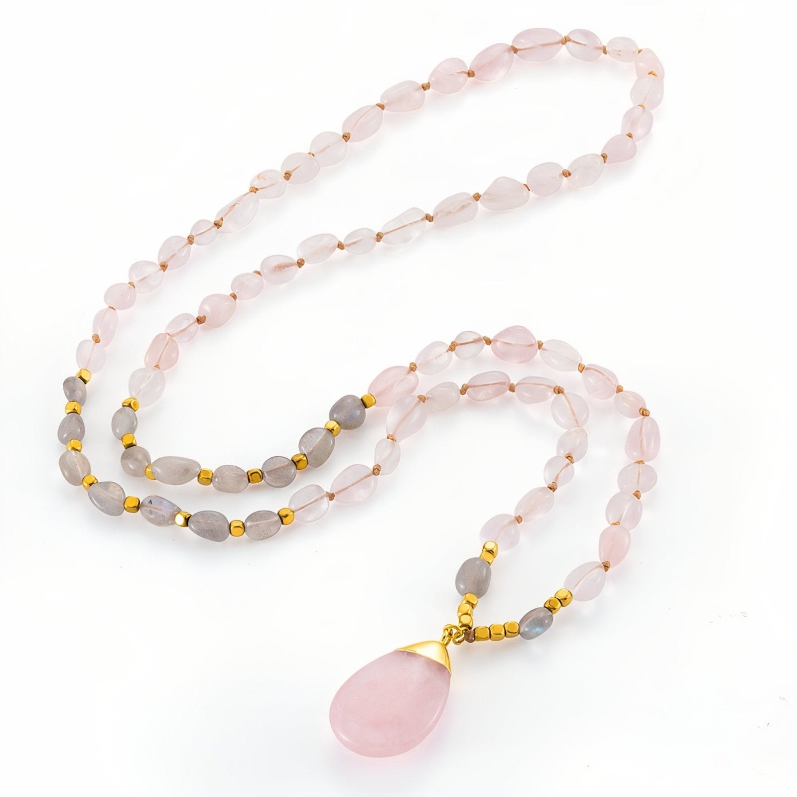 Sautoir en pierres naturelles quartz rose et améthyste, style bohème romantique, modèle Elenya