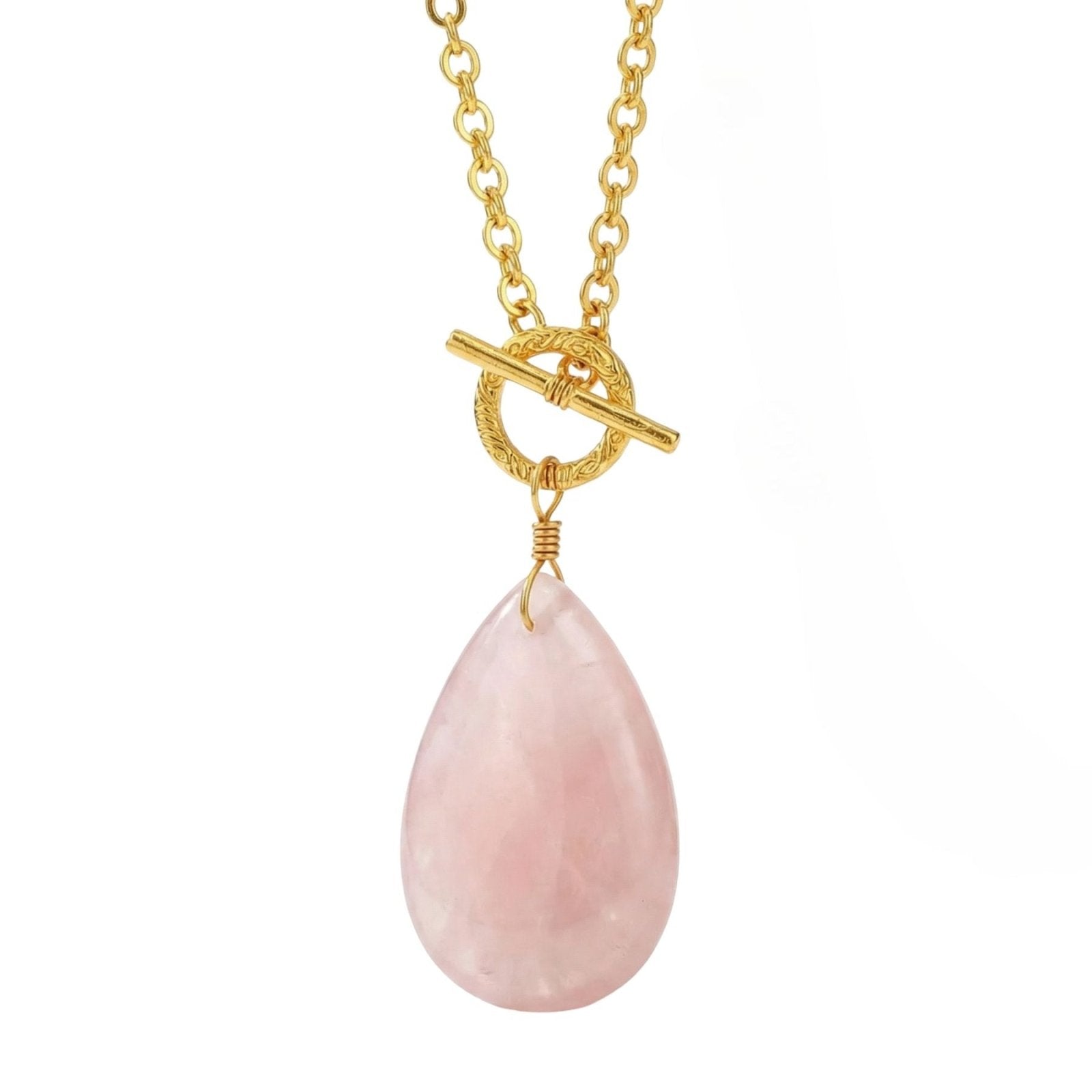 Sautoir en quartz rose, pendentif goutte et chaîne dorée pour femme