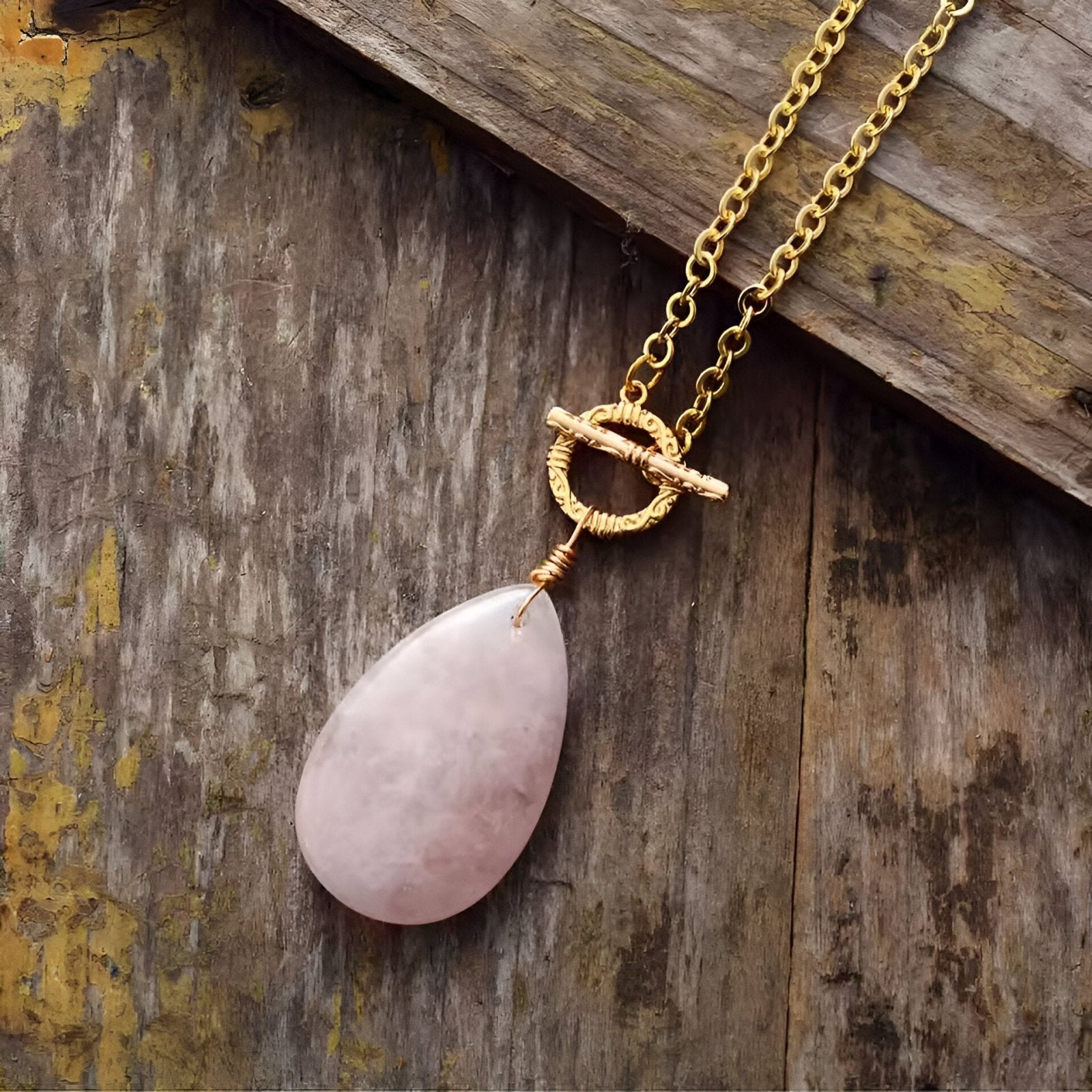 Sautoir en quartz rose, pendentif goutte et chaîne dorée pour femme, modèle Rosemont