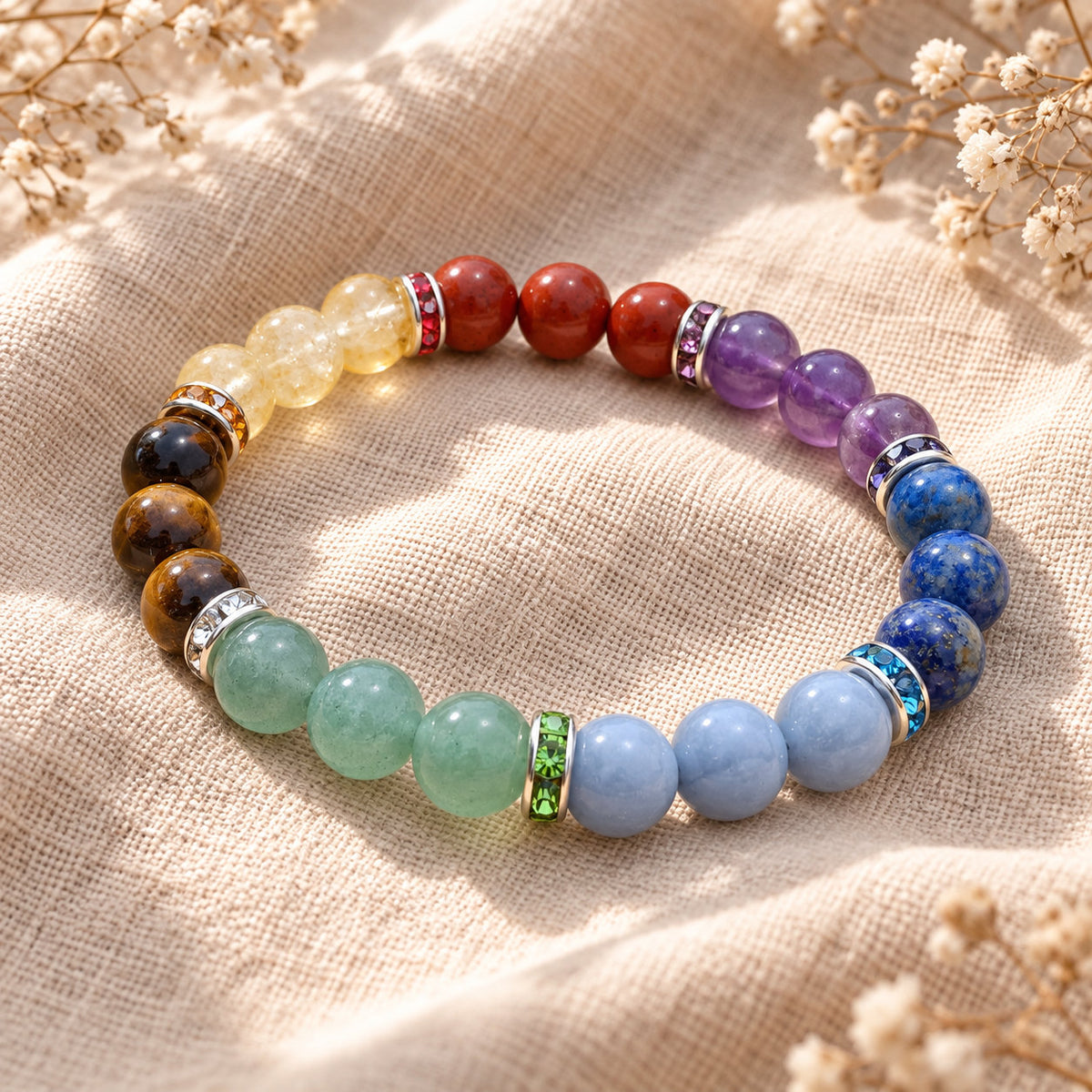 Bracelet 7 chakras unisexe en pierres naturelles, avec séparateurs ornés de cristaux