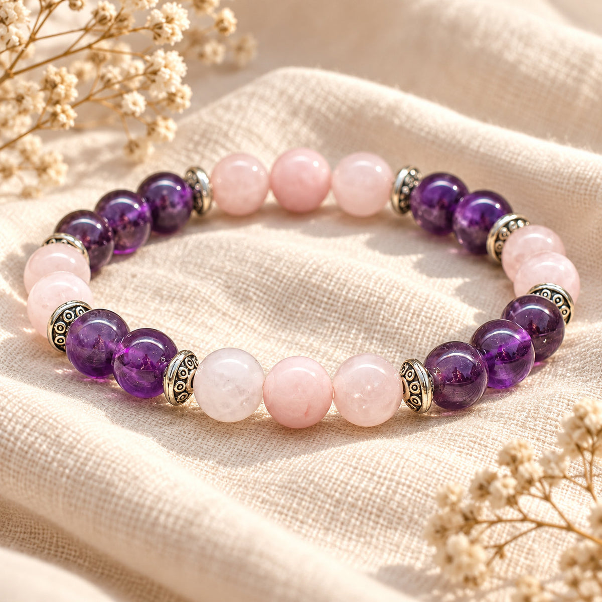 Sérélia-armband van amethist en rozenkwarts, symbool van zachtheid en sereniteit