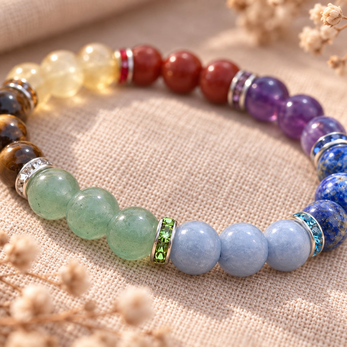 Bracelet 7 chakras unisexe en pierres naturelles, avec séparateurs ornés de cristaux