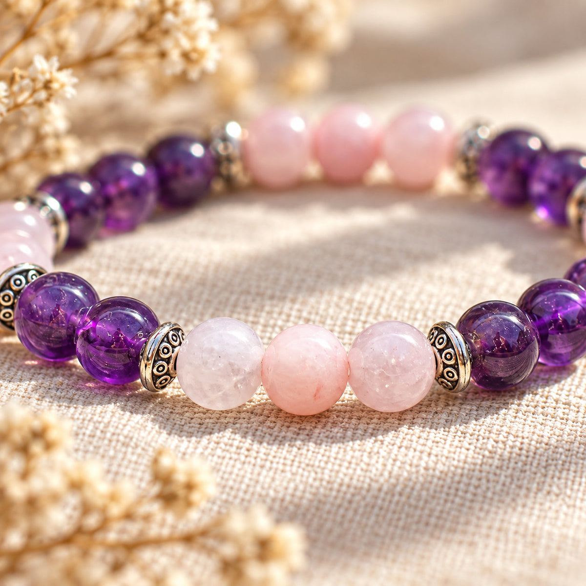 Sérélia-armband van amethist en rozenkwarts, symbool van zachtheid en sereniteit