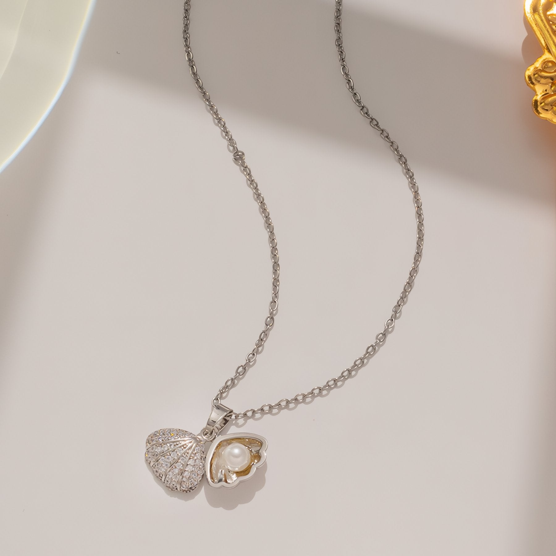 Collier marin pour femme, pendentif coquillage et perle, en acier inoxydable serti zircon