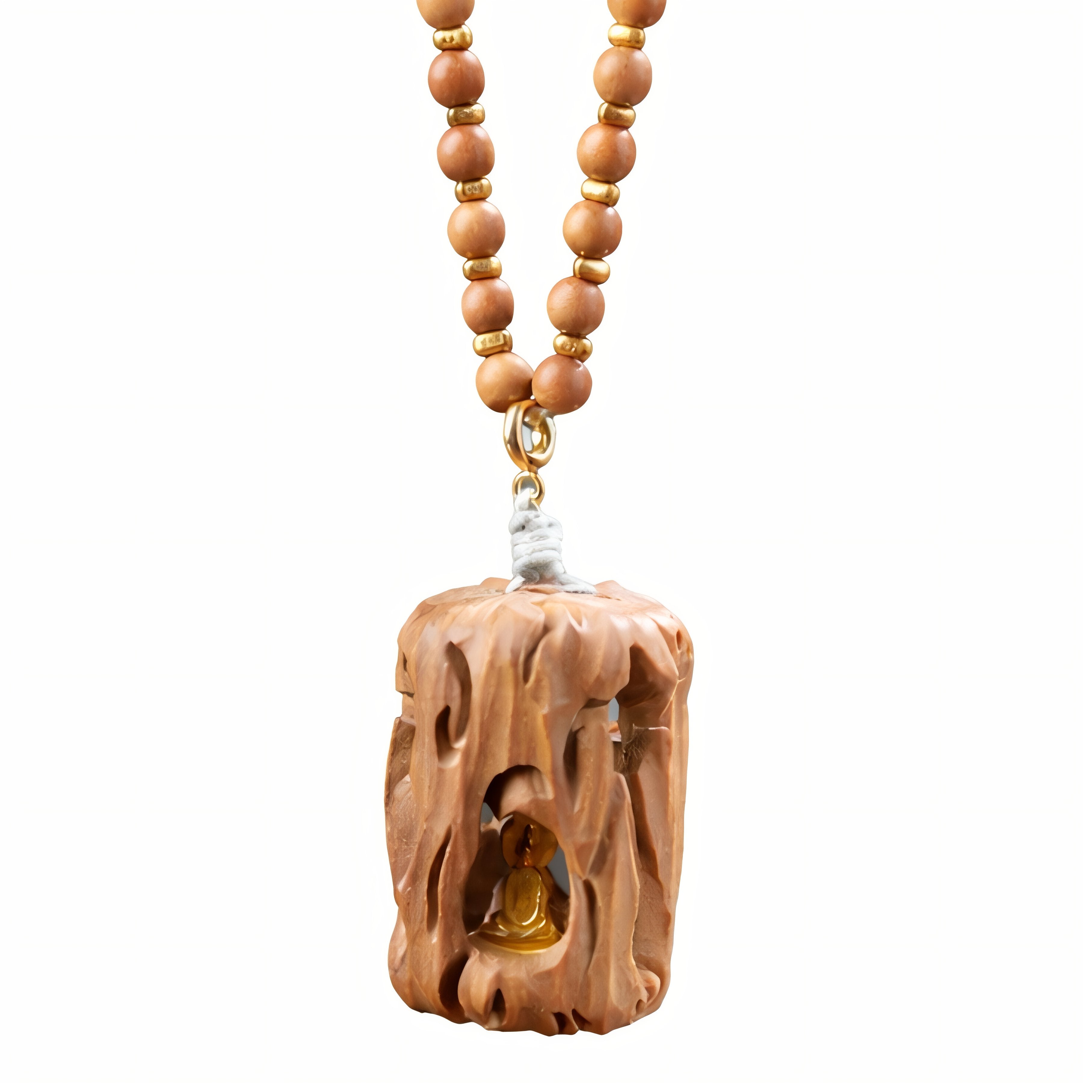 Natural sandalwood Buddha pendant necklace with wooden beads and metal alloy