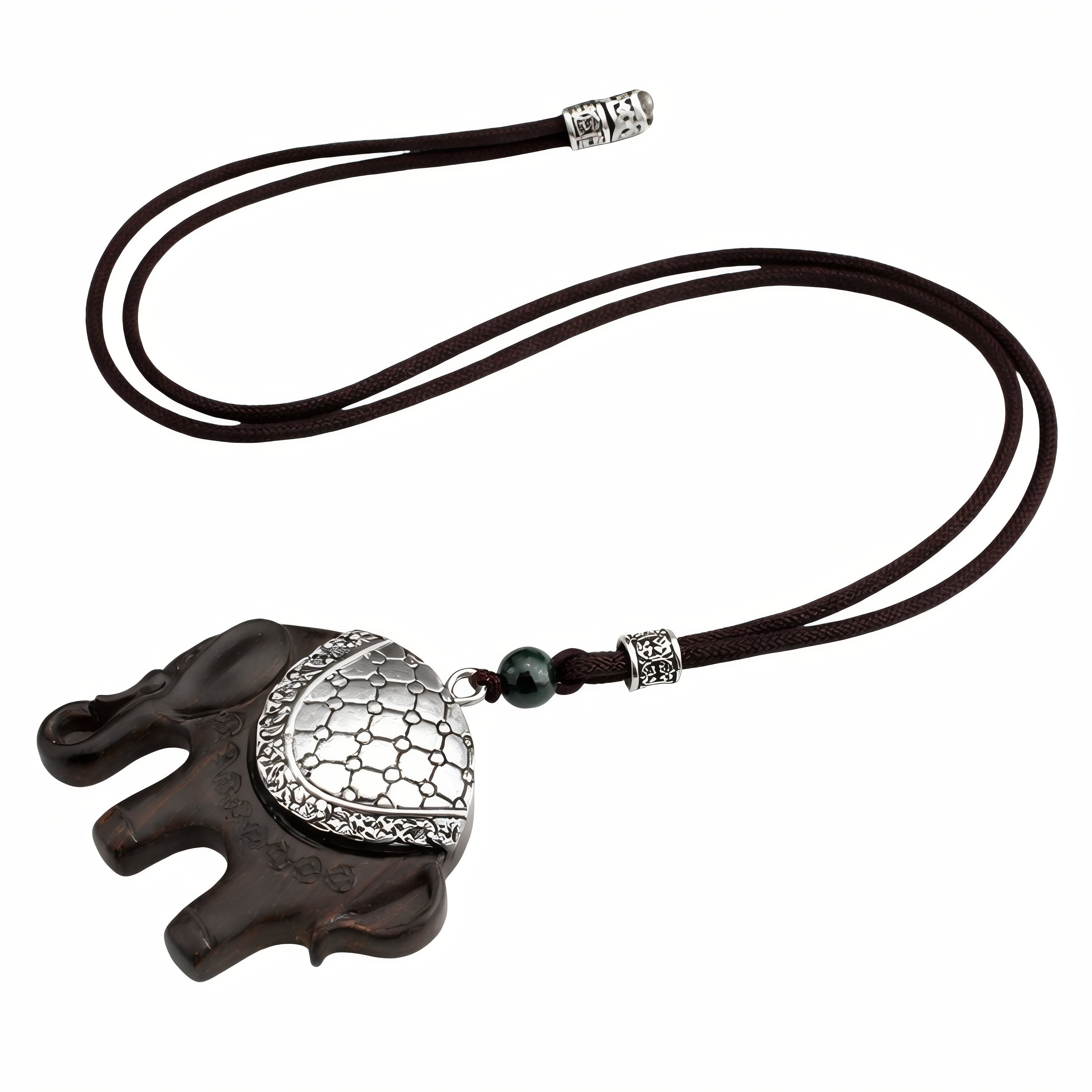 Halskette mit Elefantenanhänger aus Ebenholz, mit Metalllegierung und Glasperle