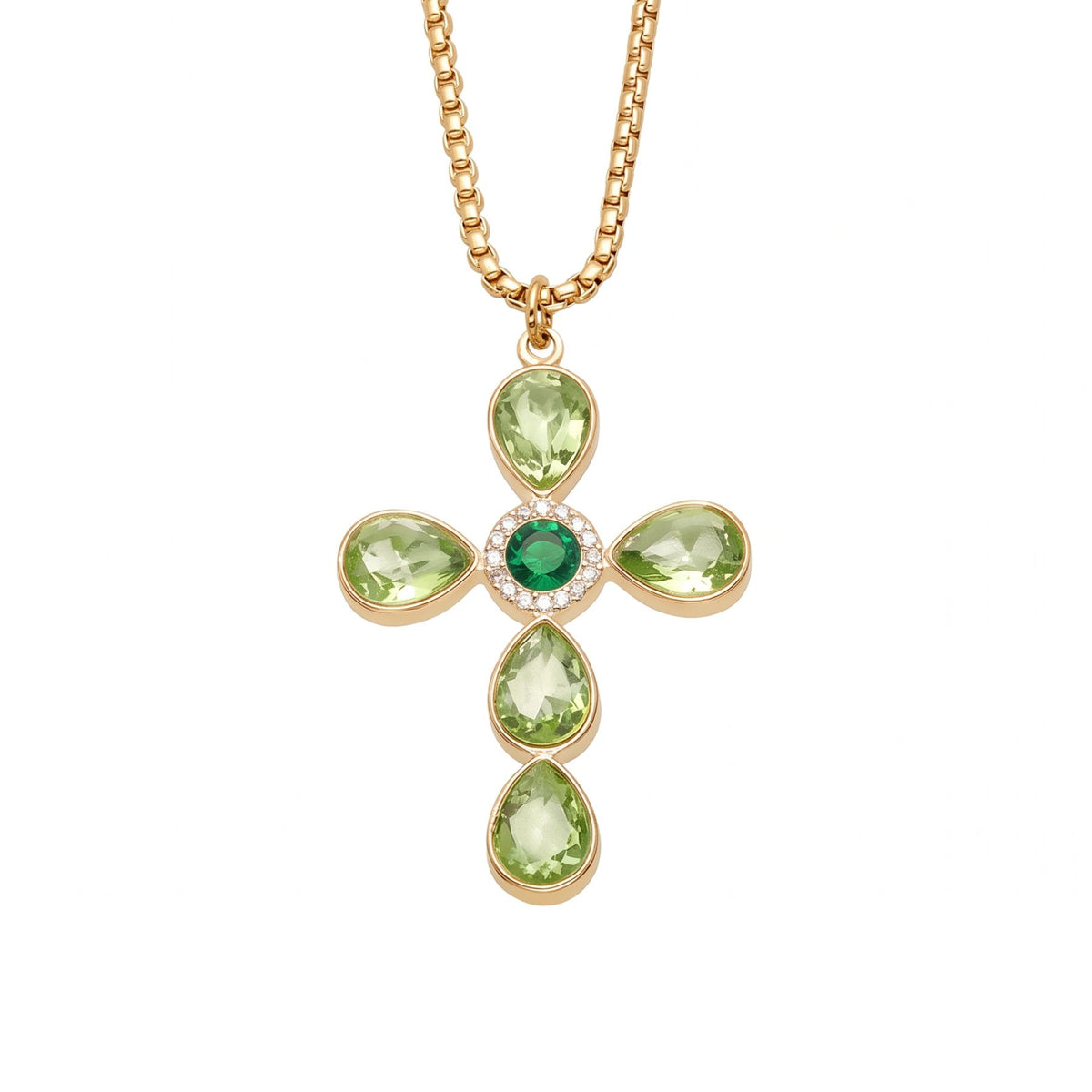 Collana con croce da donna, in acciaio inossidabile dorato, pendente incastonato con zirconi colorati a forma di goccia