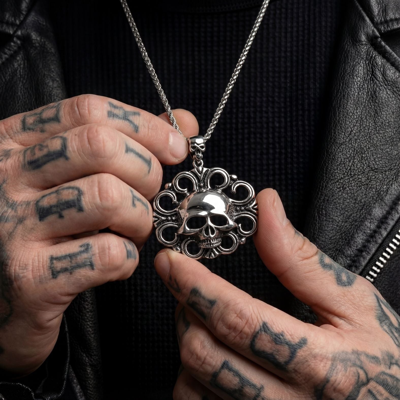 Men's biker necklace with a carved skull pendant, made of stainless steel