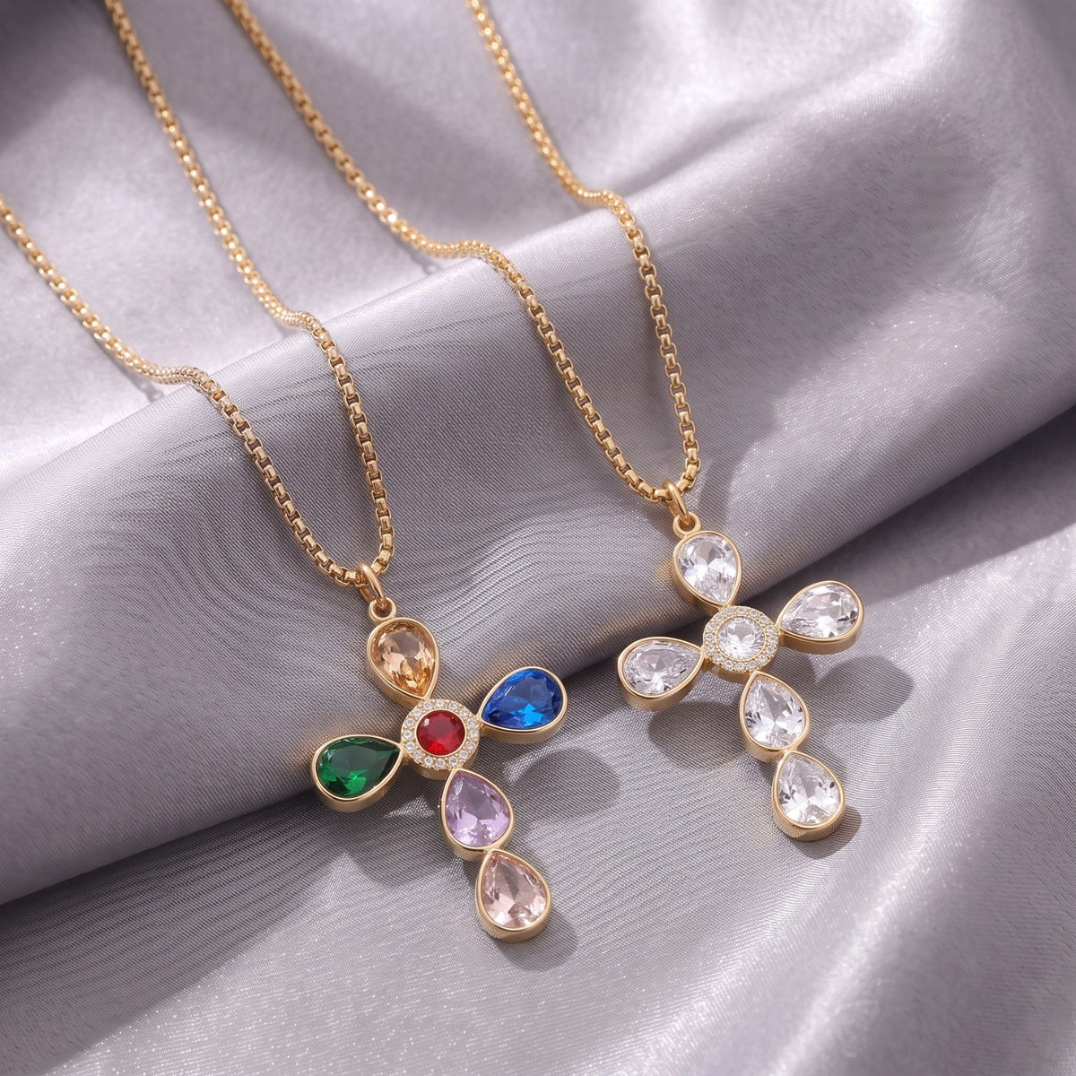 Collana con croce da donna, in acciaio inossidabile dorato, pendente incastonato con zirconi colorati a forma di goccia