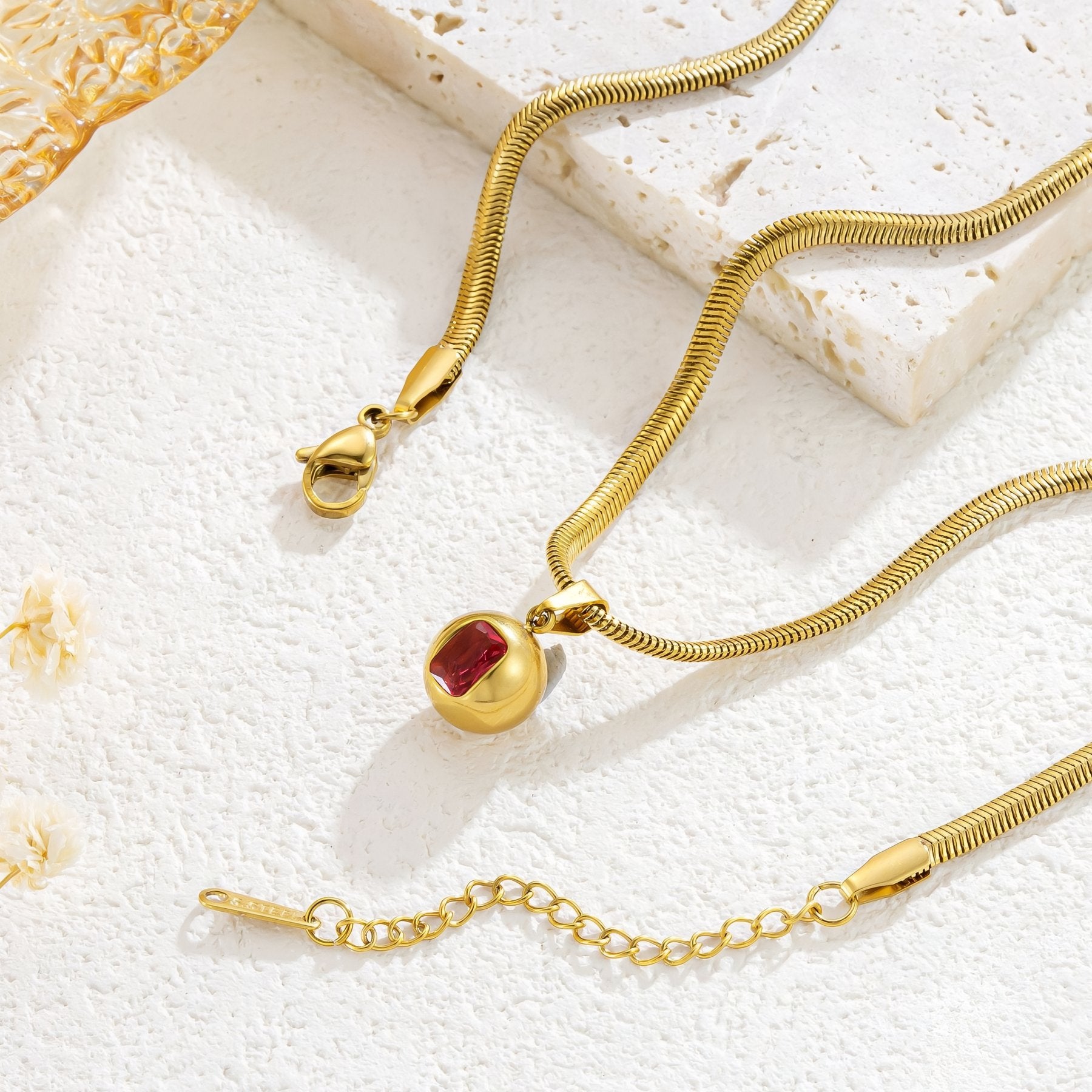 Collier pendentif pierre de naissance, zircon coloré et chaîne serpent, en acier inoxydable