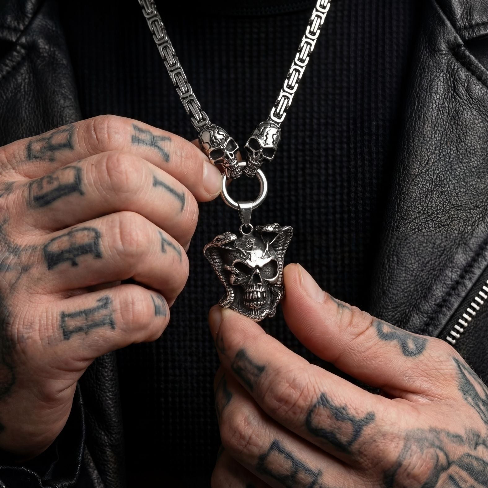 Men's skull and snake pendant necklace with Byzantine mesh, stainless steel, biker style