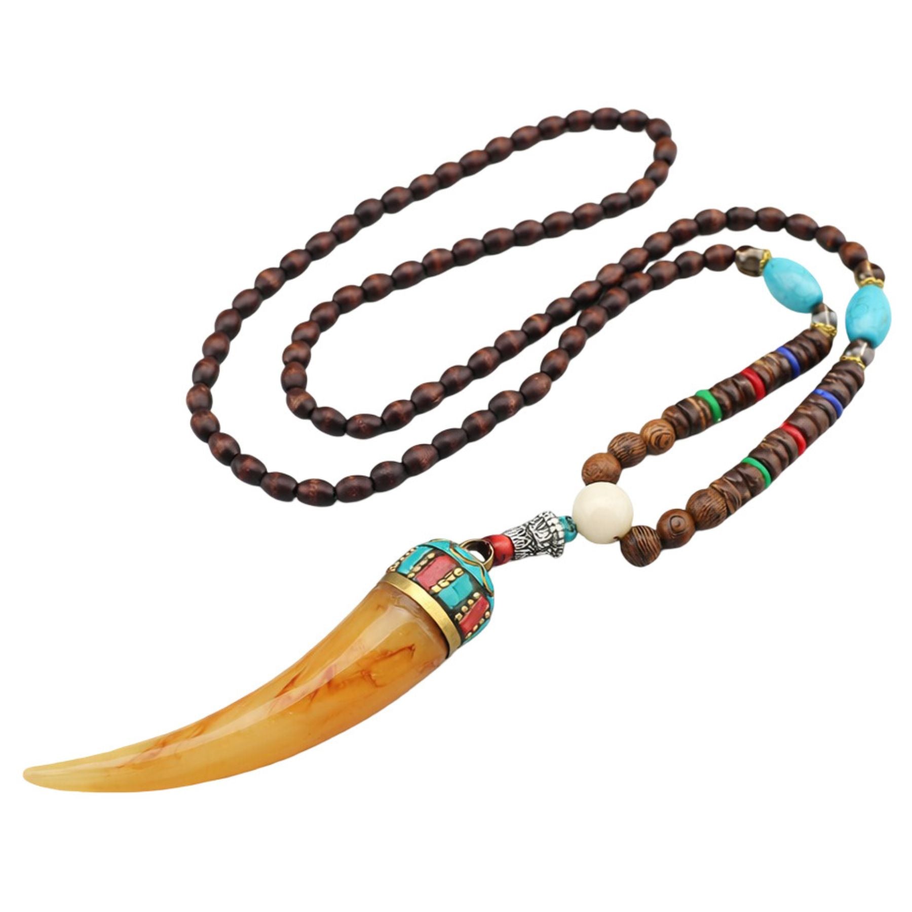 Wooden bead necklace with a resin cow horn pendant, natural stone and metal alloy, bohemian style