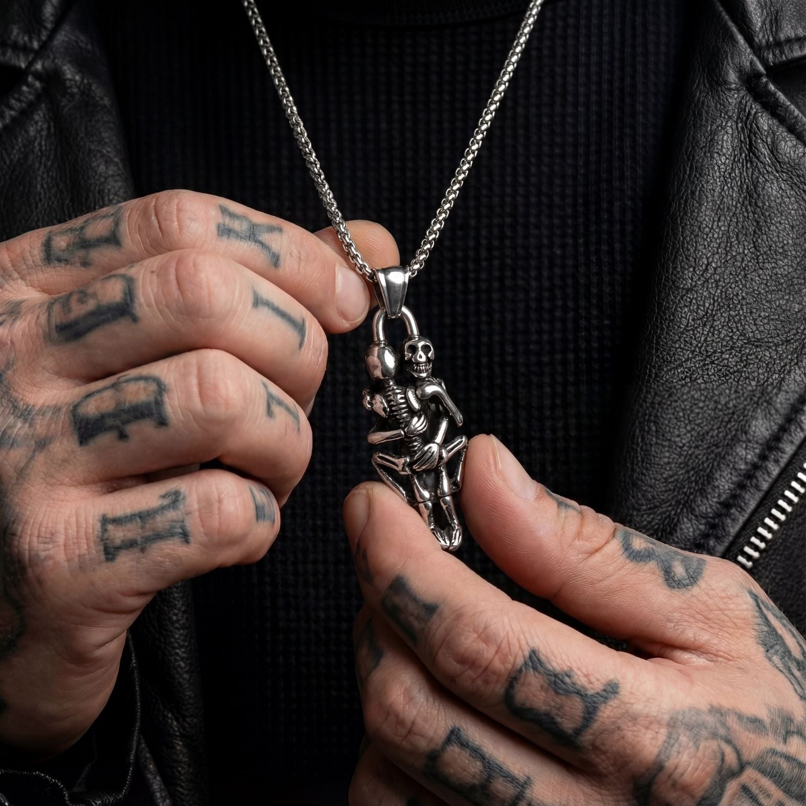 Men's double intertwined skeleton pendant necklace, stainless steel, gothic rock style