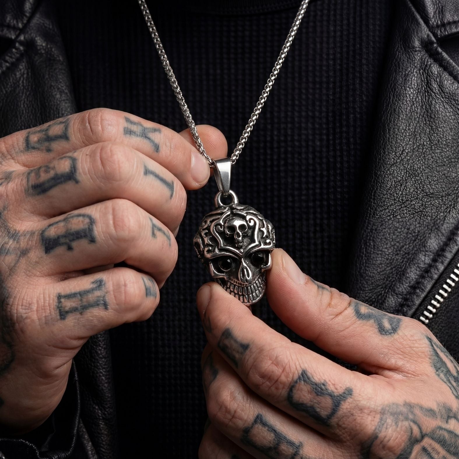 Men's carved skull pendant necklace, stainless steel, gothic style