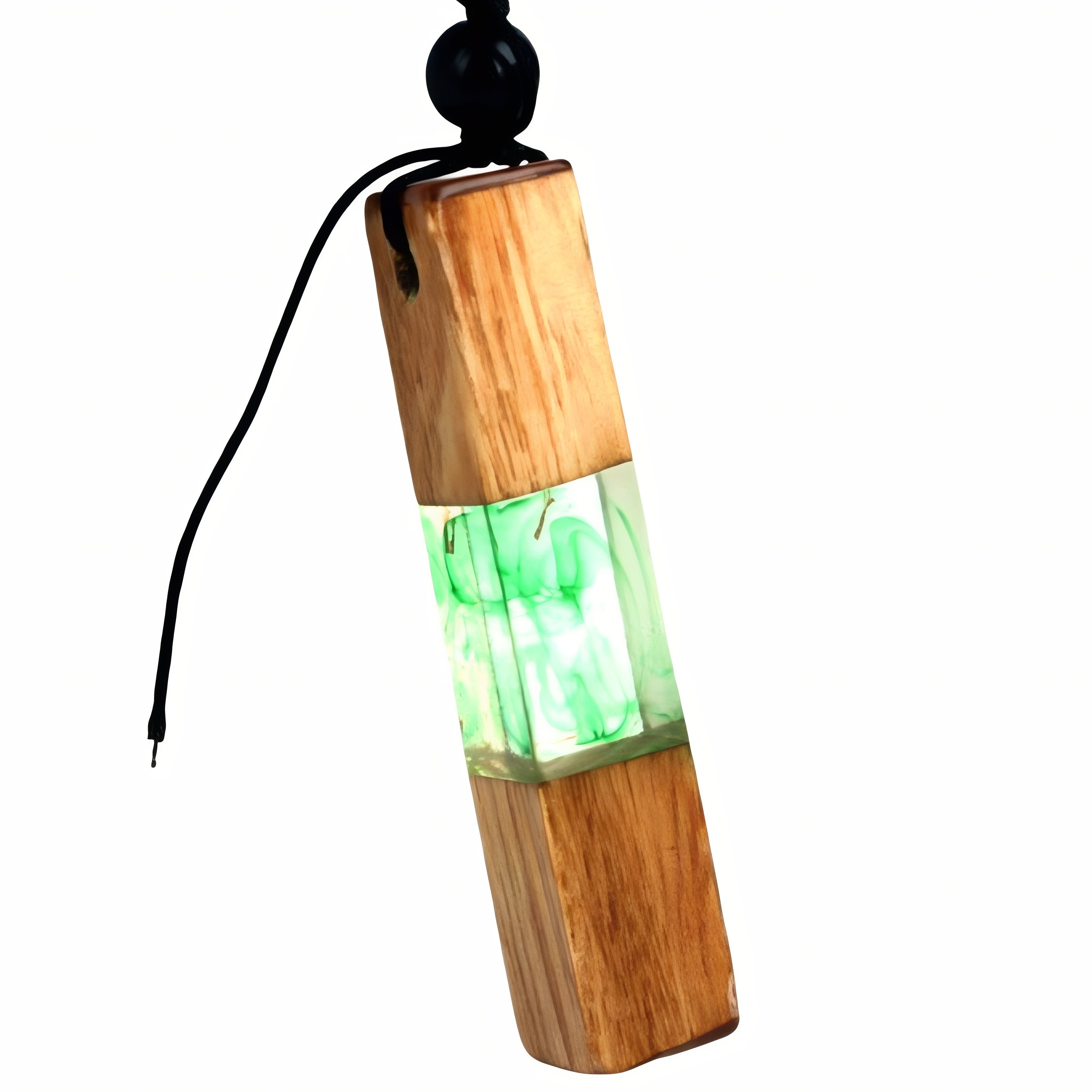 Collier long en bois naturel et résine colorée, avec pendentif géométrique, cordon réglable