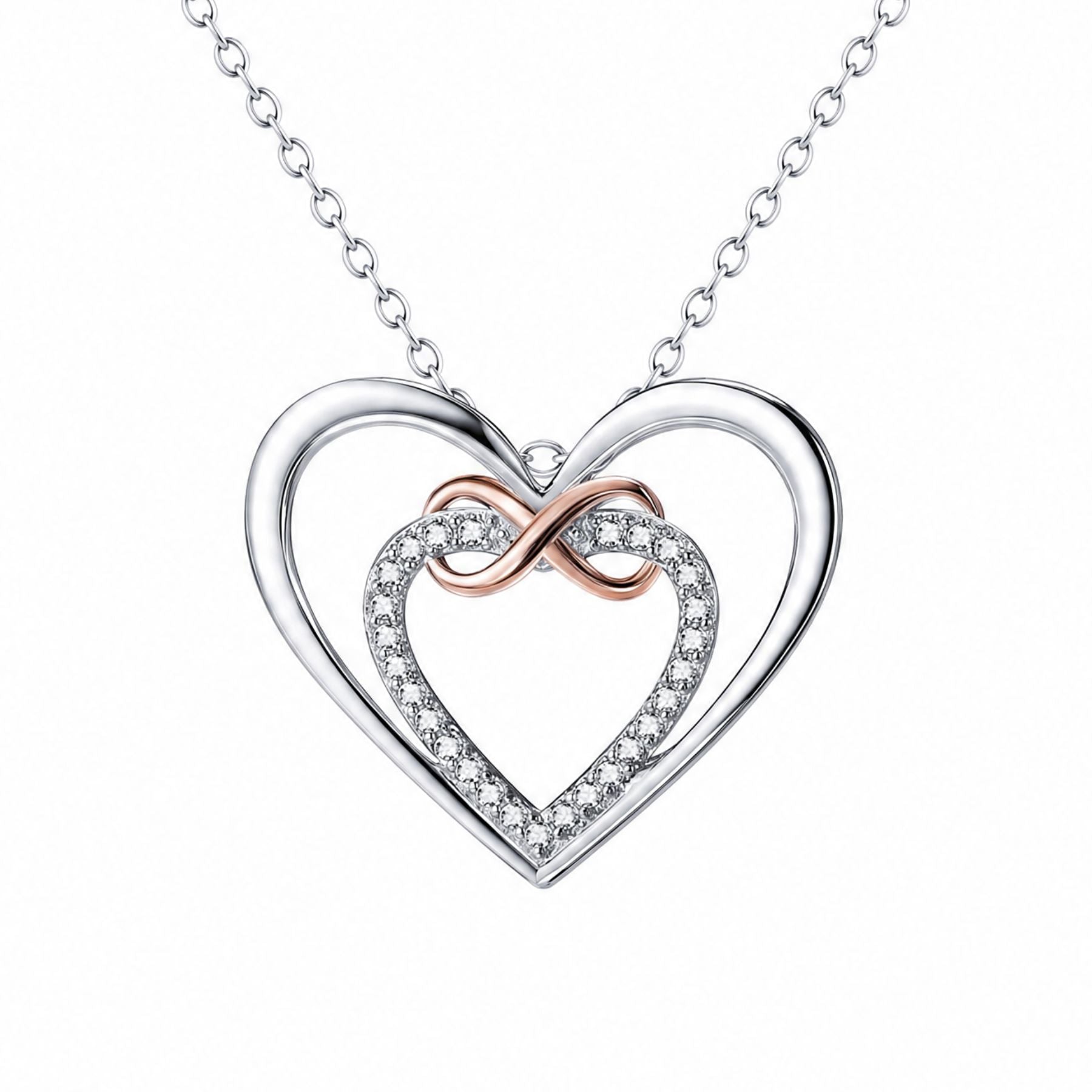 Collier double cœur et signe infini pour femme, en argent 925, finition bicolore élégante