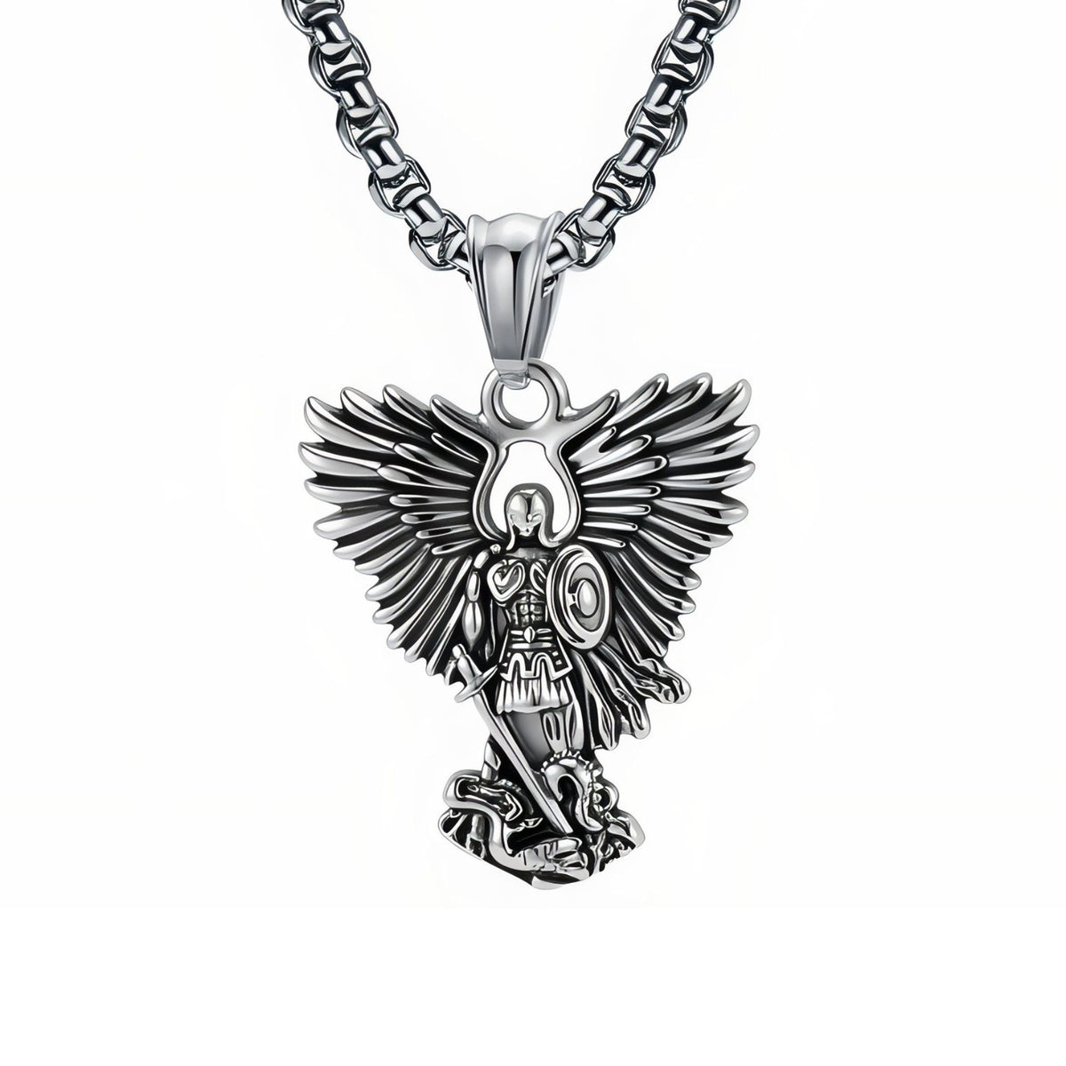 Collier archange Saint Michel pour homme, en acier inoxydable, pendentif guerrier ailé avec épée et bouclier
