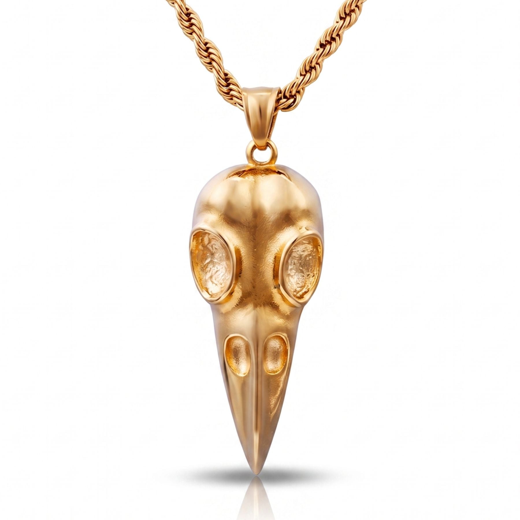Men's raven skull necklace, in gold stainless steel, gothic style