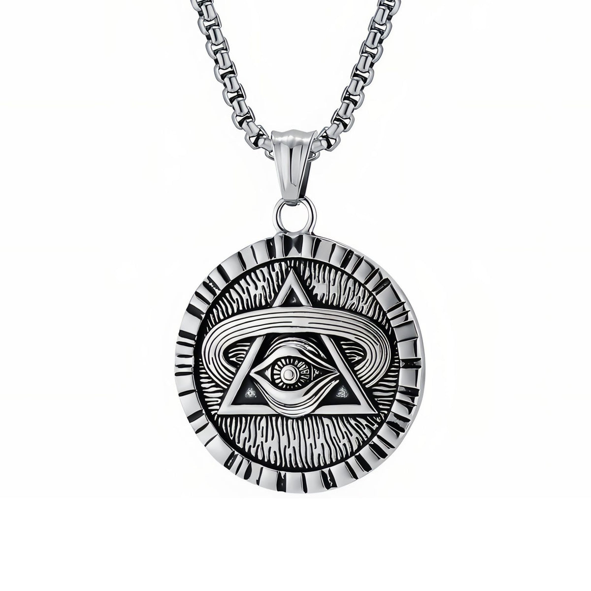 Collier Œil de la Providence pour homme, en acier inoxydable, médaillon ésotérique aux motifs gravés