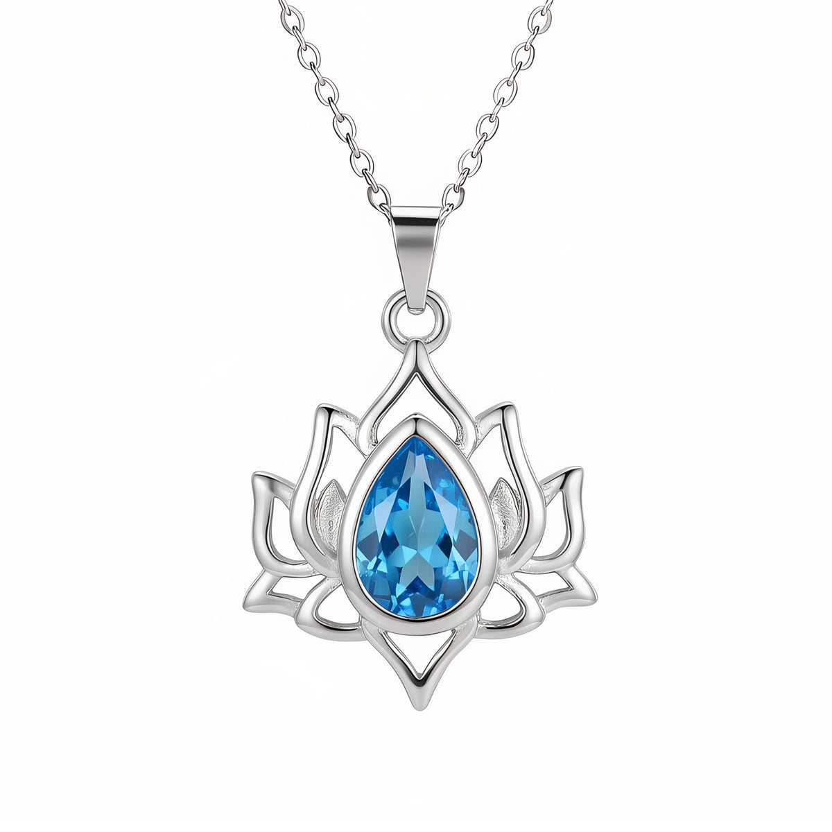 Collier fleur de lotus pour femme, en argent 925, avec pierre bleue