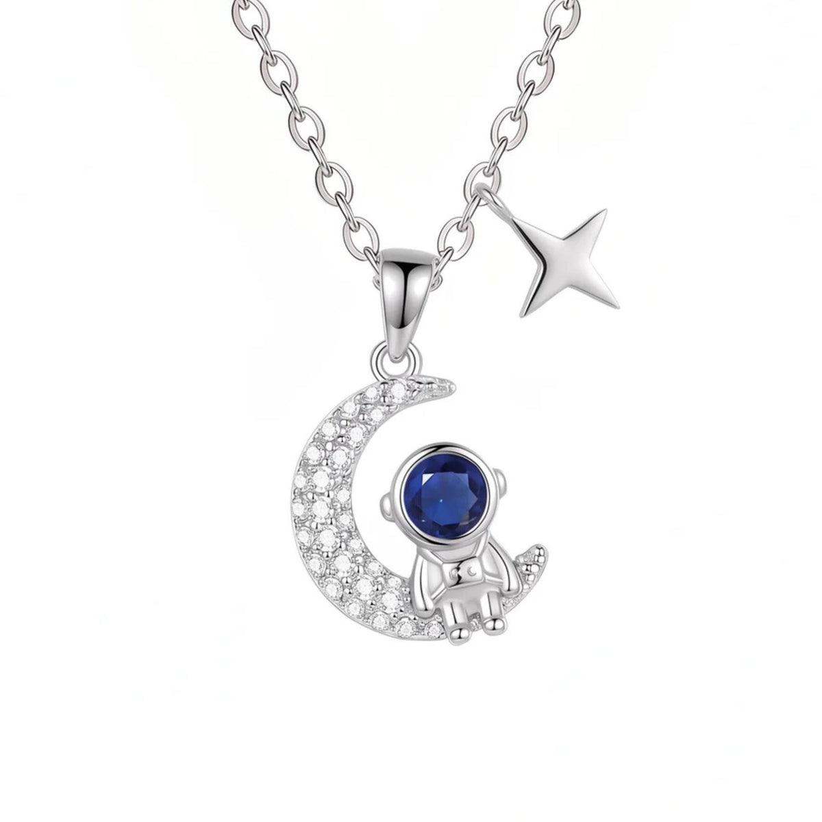 Collier astronaute pour femme, en argent 925, avec zircon, pendentif lune et étoile