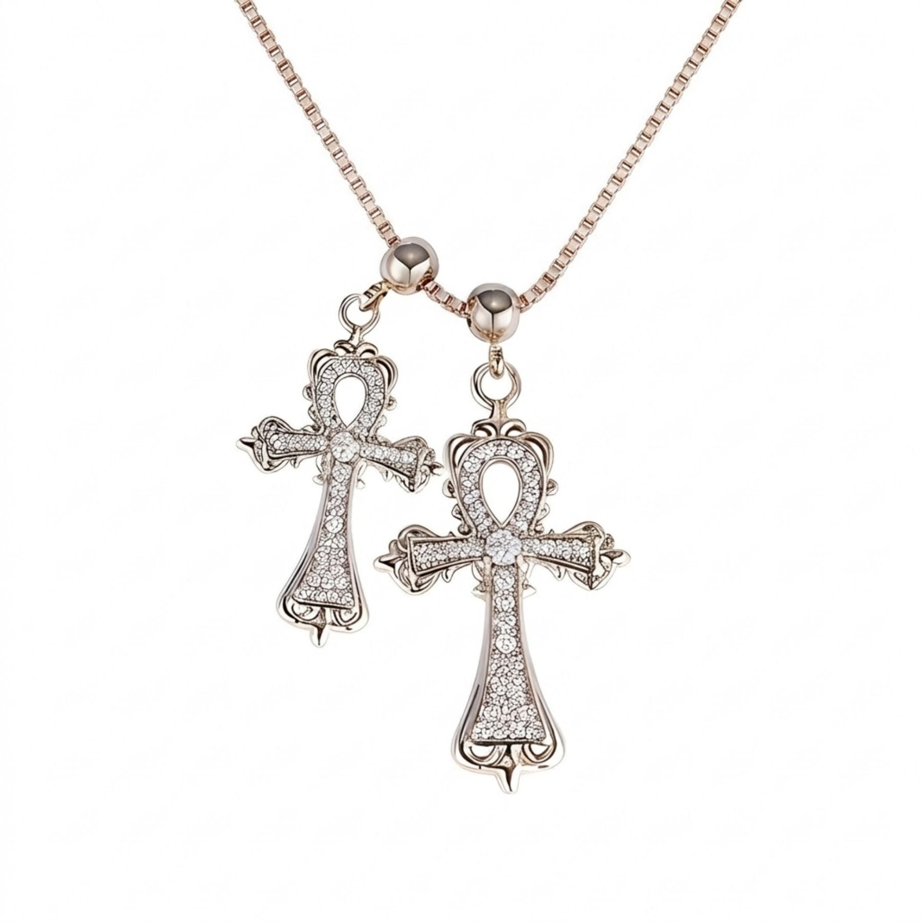 Collier double croix ankh égyptien pour femme, en alliage métallique