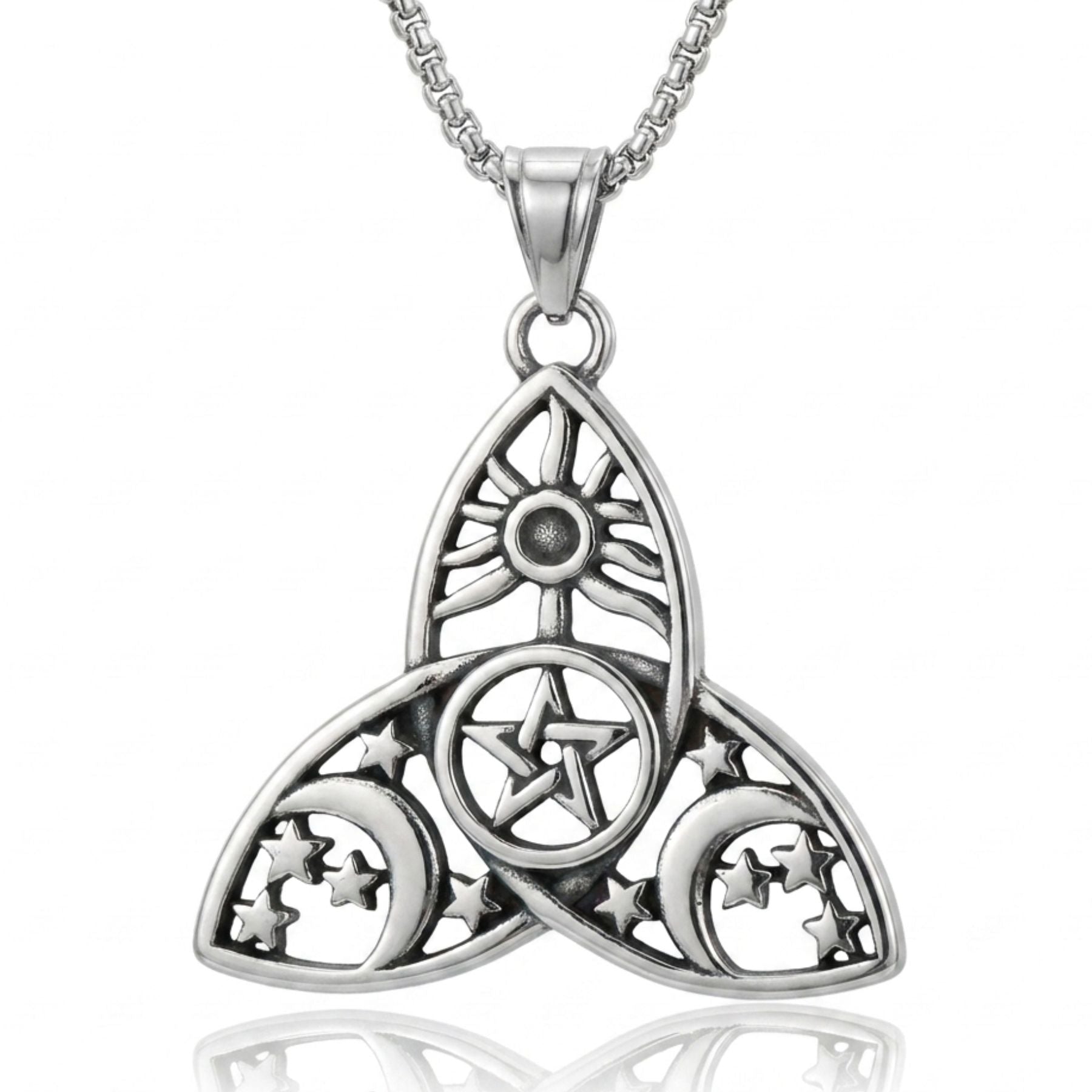 Collier sorcière unisexe, en acier inoxydable, avec pendentif lune et étoiles