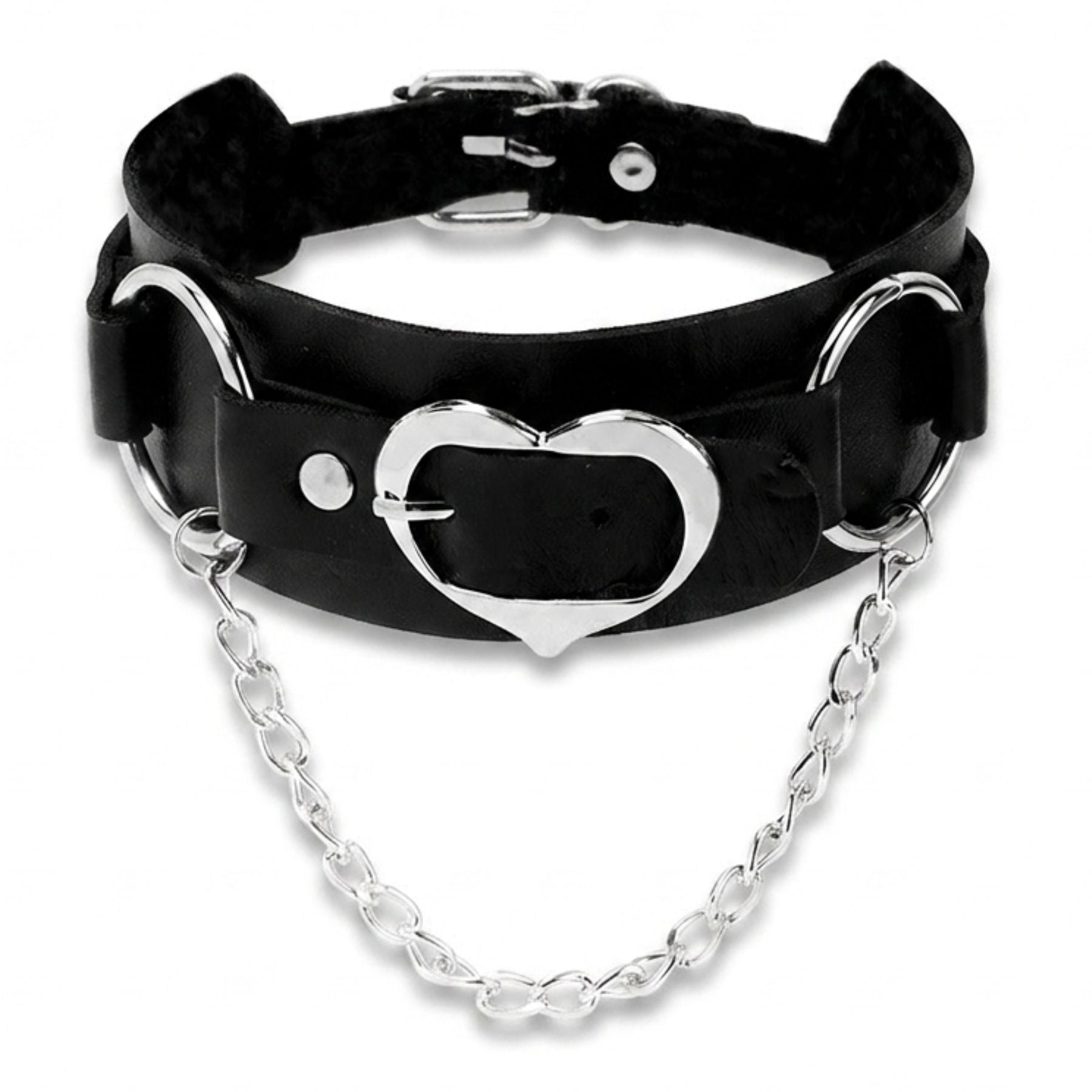 Gotický punkový dámský choker z černé imitace kůže s kovovým srdcem a stříbrným řetízkem