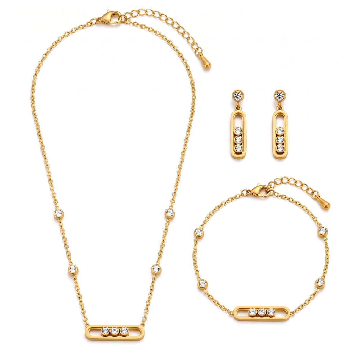 Parure de bijoux pour femme, bracelet, collier et boucles d'oreilles en acier inoxydable doré, avec motif rectangulaire serti