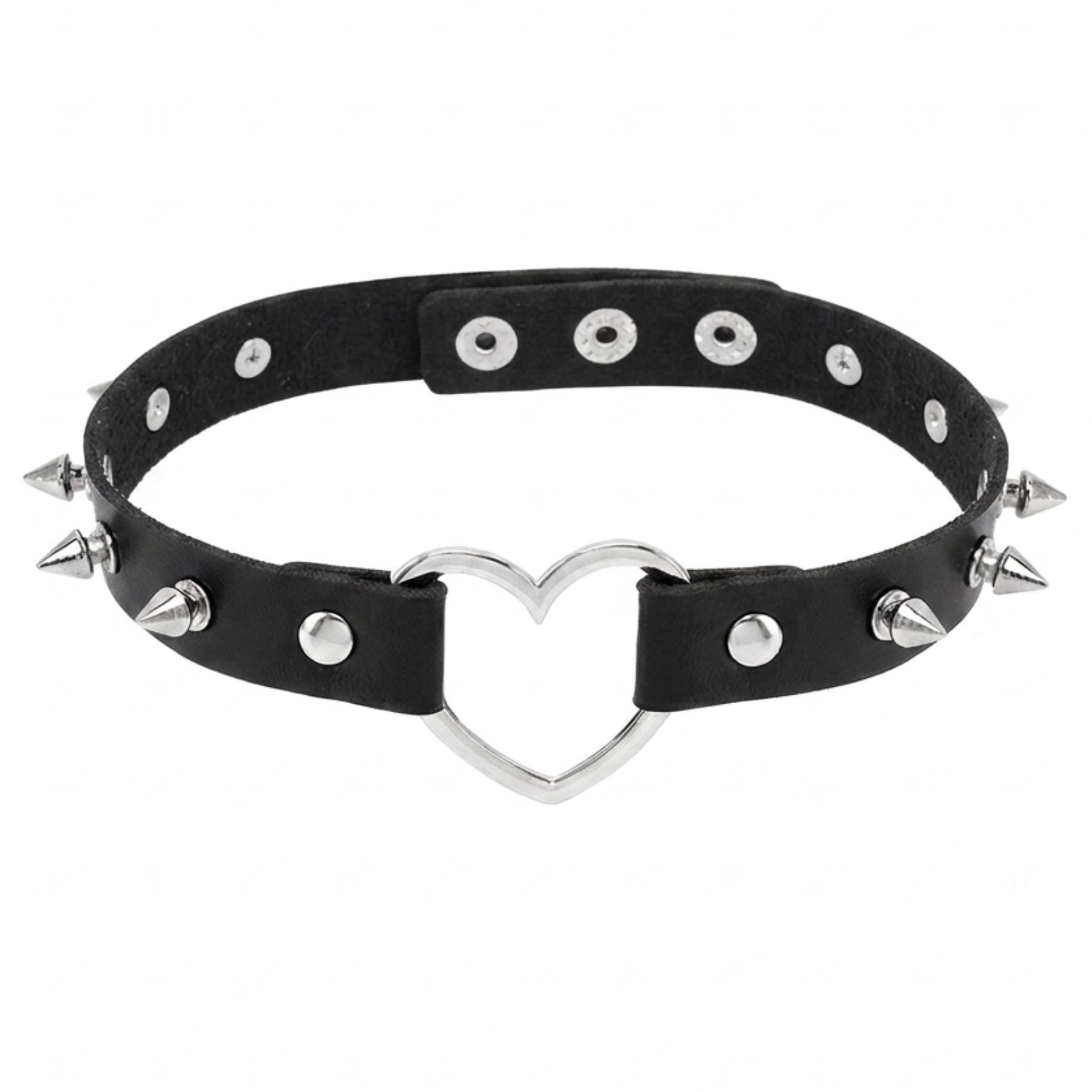 Girocollo gotico punk da donna, in similpelle nera, con ciondolo a cuore metallico e borchie argentate