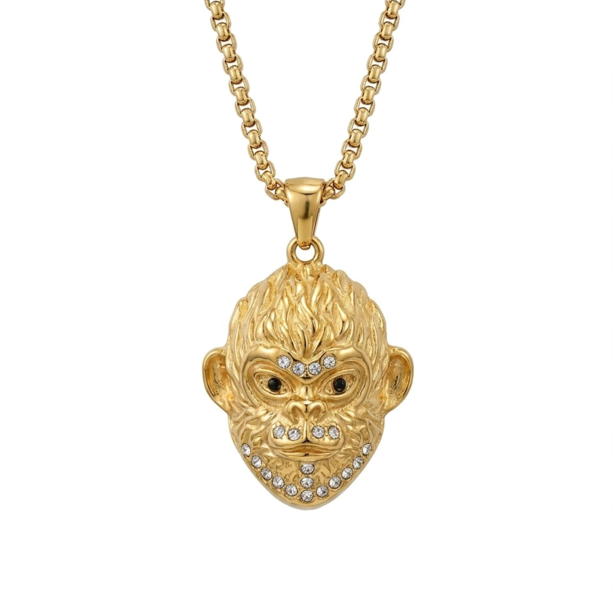 Collier tête de singe pour homme, en acier inoxydable, avec détails scintillants