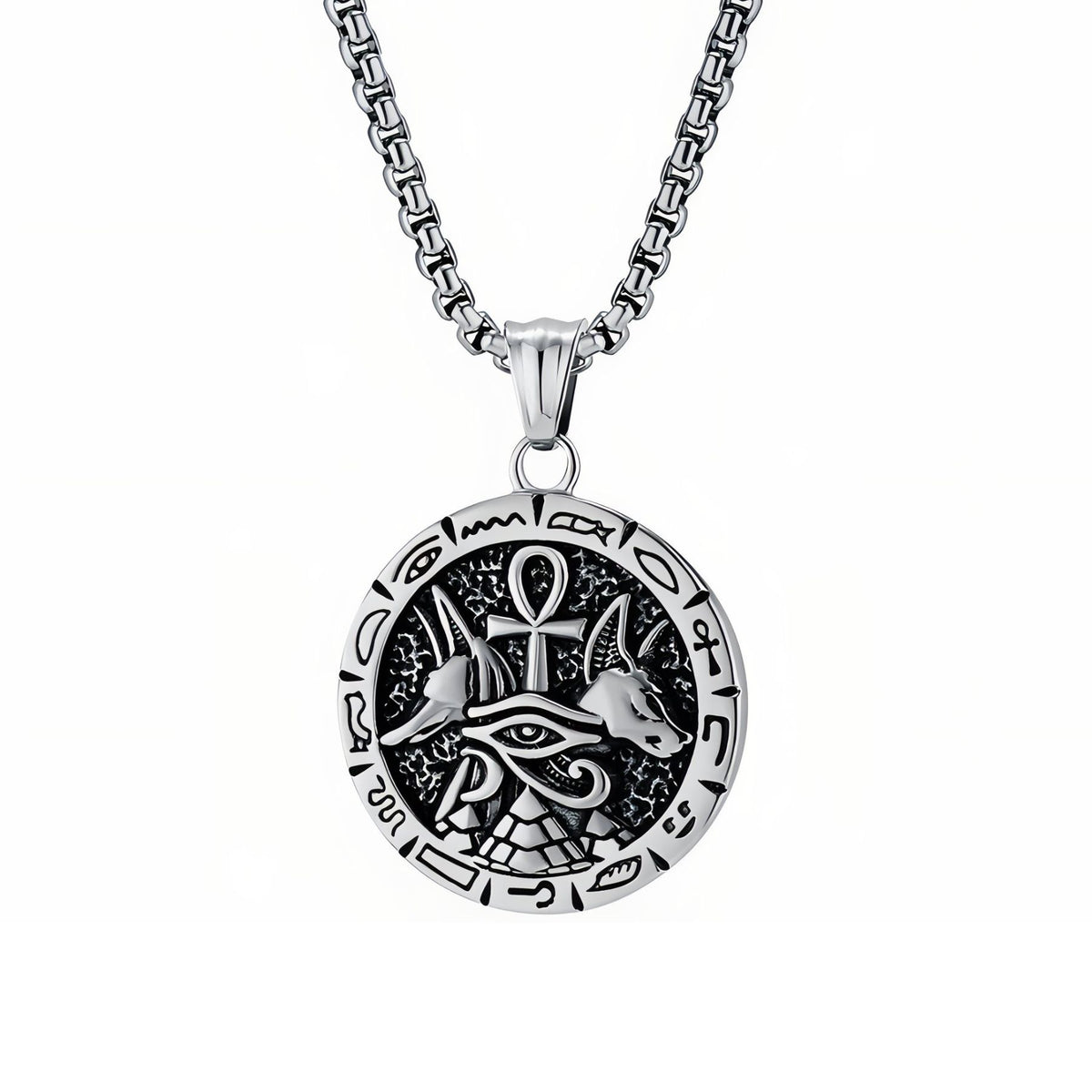 Collar Anubis con cruz Ankh para hombre, de acero inoxidable, inspirado en el antiguo Egipto