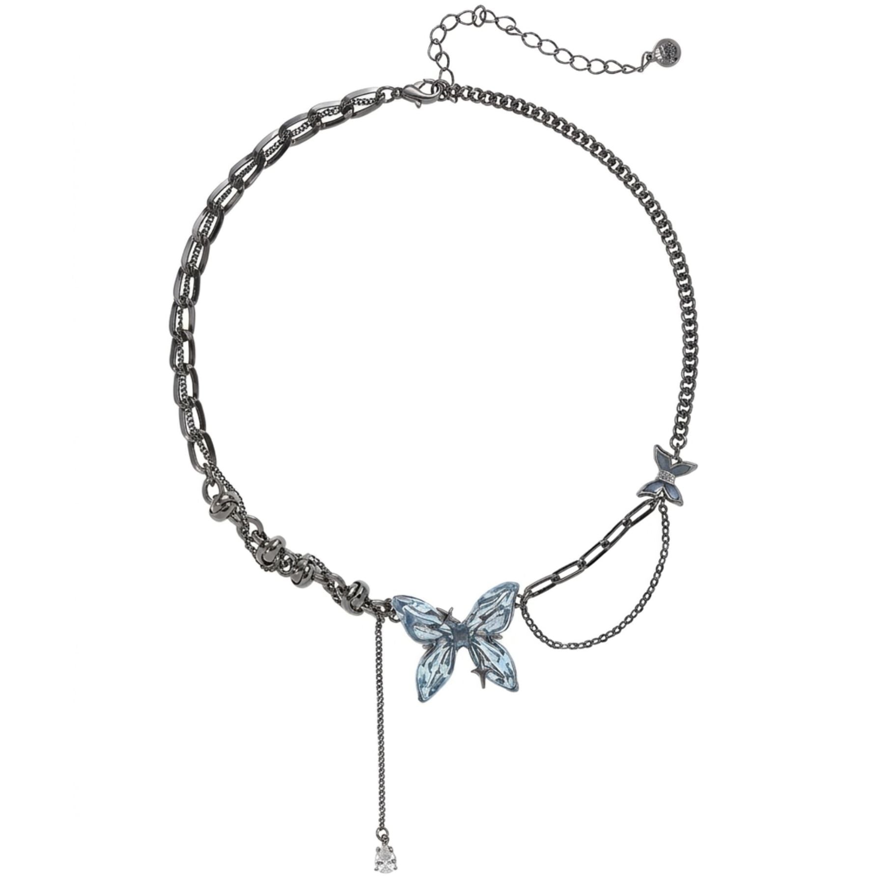 Collier grunge pour femme, en cuivre, avec pendentif papillon bleu effet cristal