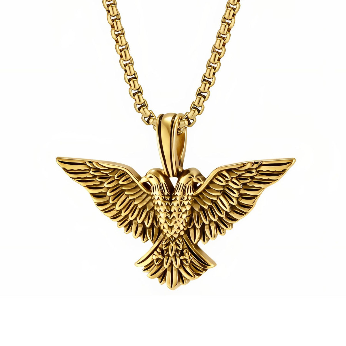 Collier pendentif aigle à deux têtes pour homme, en acier inoxydable, design animalier aux plumes finement sculptées