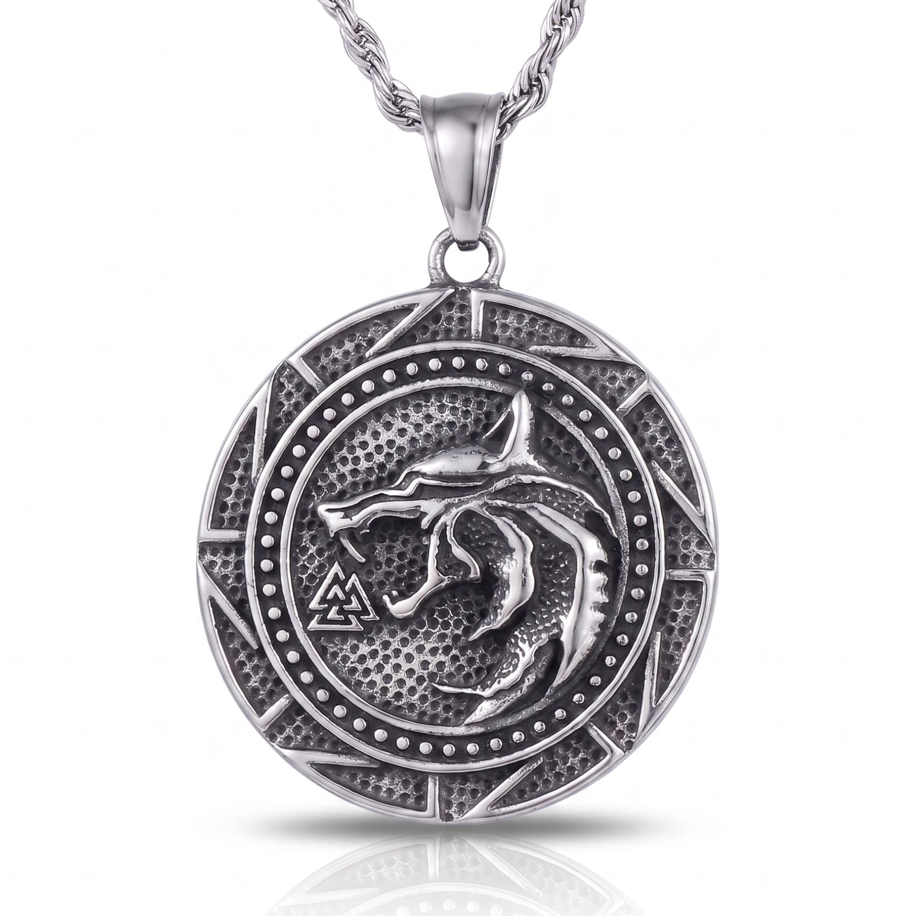 Collier loup pour homme, en acier inoxydable argenté, style viking