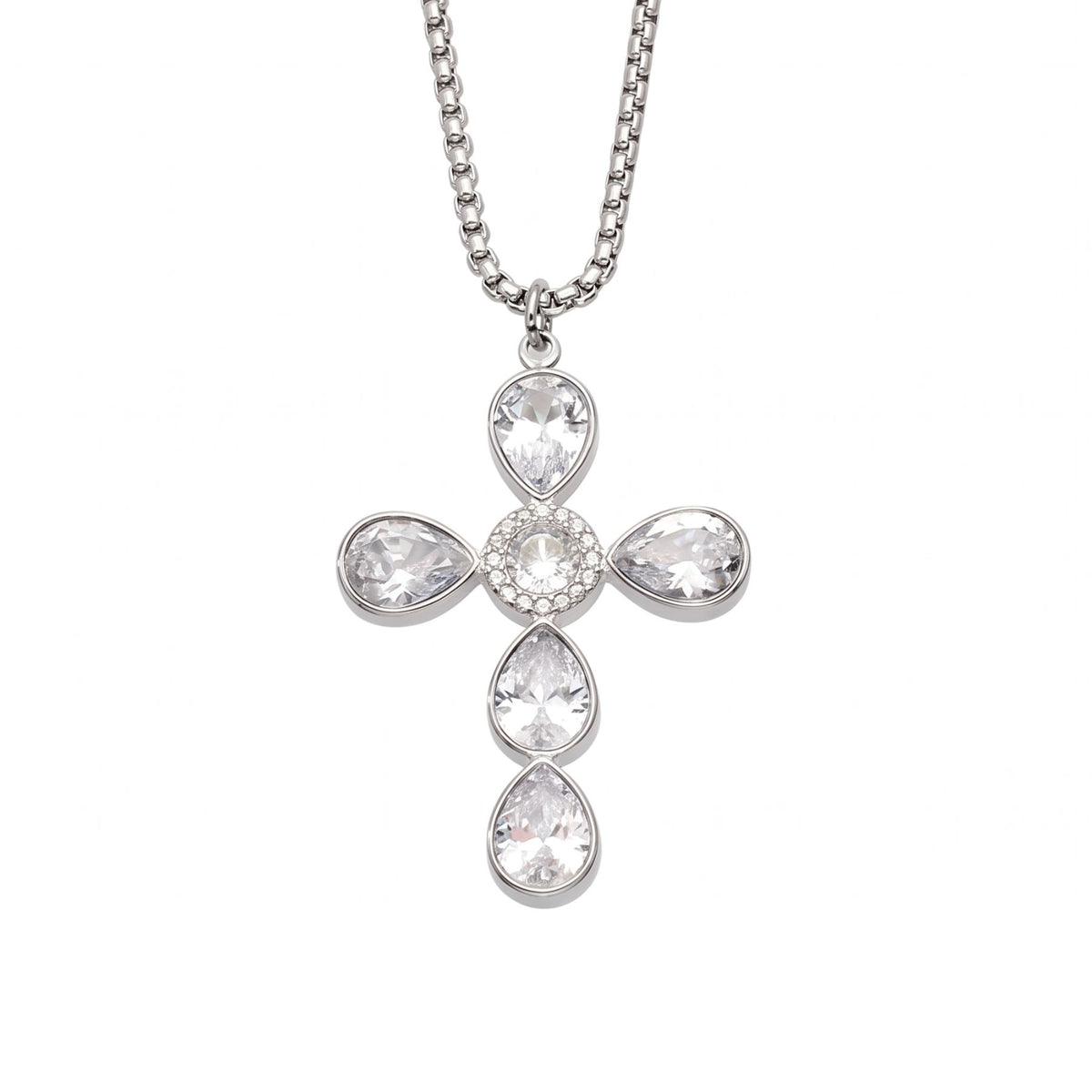 Collana con croce da donna, in acciaio inox argentato, ciondolo incastonato con zirconi colorati a forma di goccia