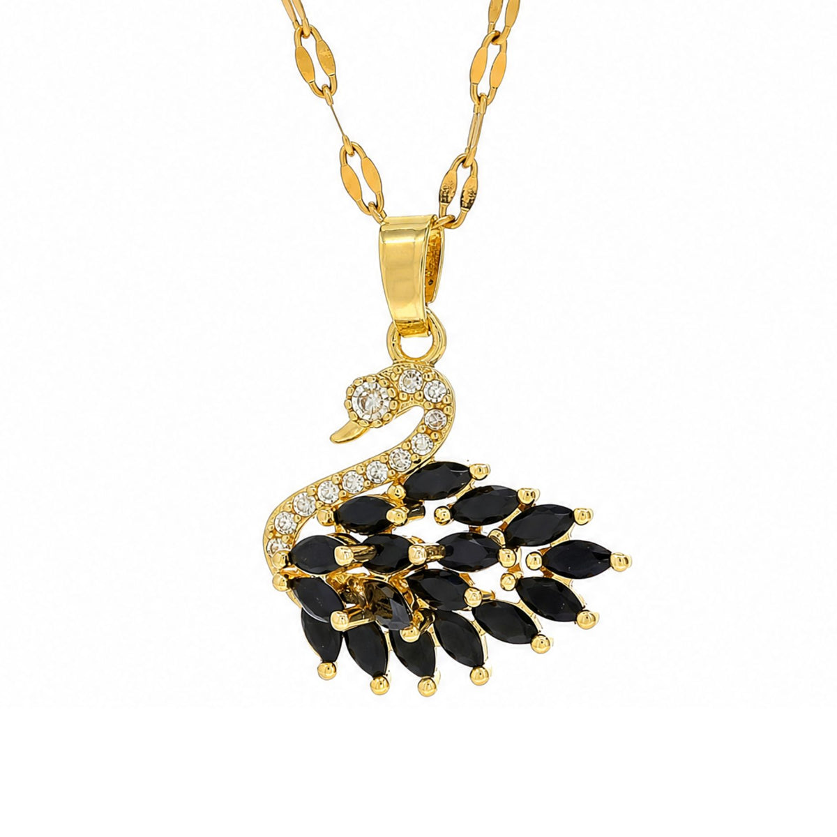 Collier pendentif cygne pour femme, en acier titane doré, avec pierres colorées en forme de plume