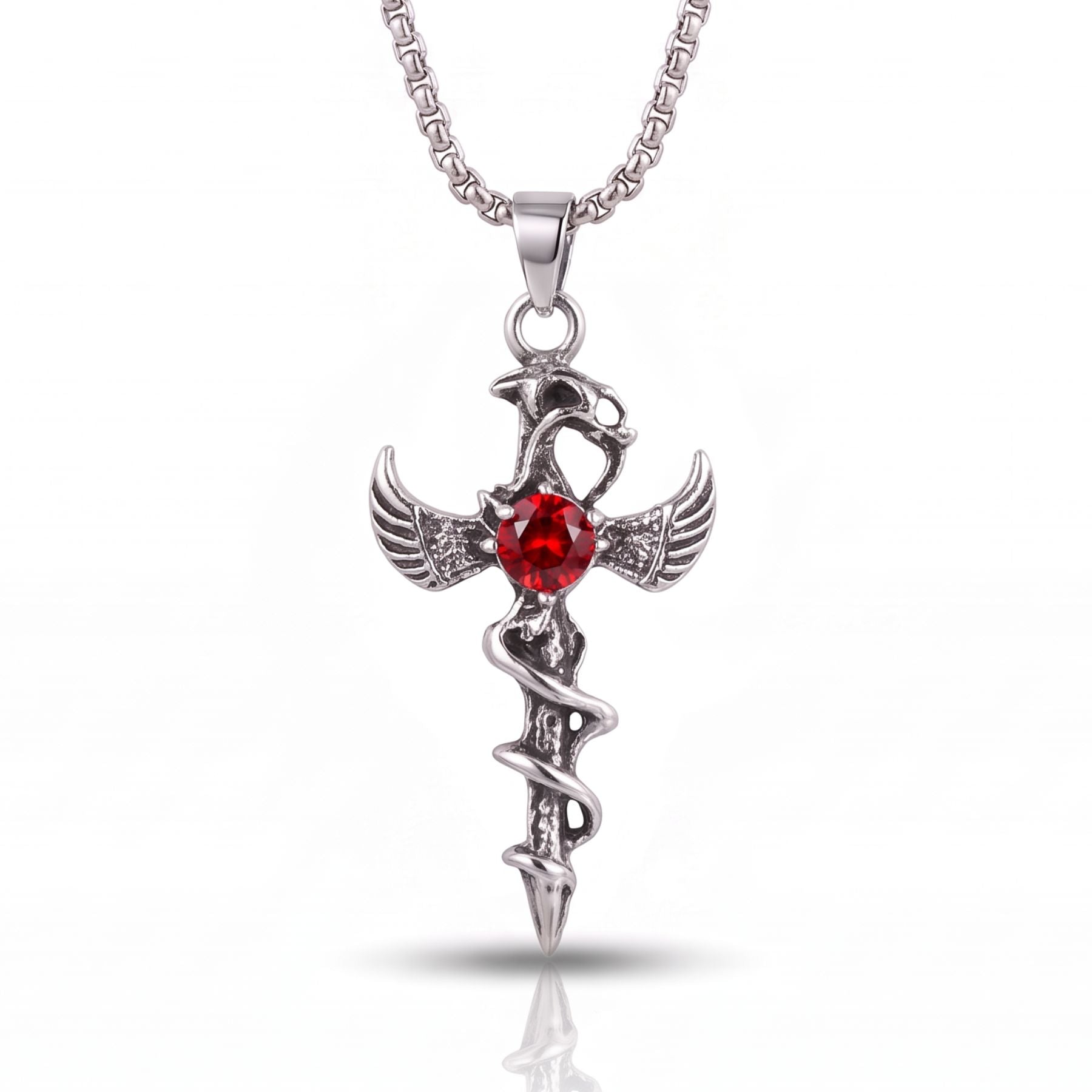 Unisex-Halskette mit gotischem Kreuz, aus Zinklegierung, mit rotem Stein