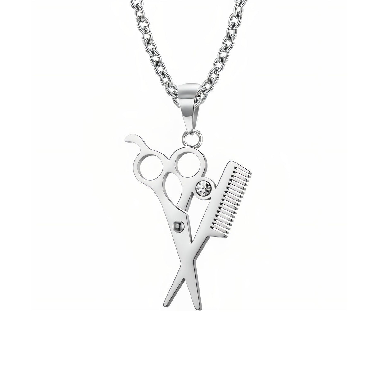 Collier ciseaux et peigne de coiffeur pour homme, en acier inoxydable, avec cristal décoratif