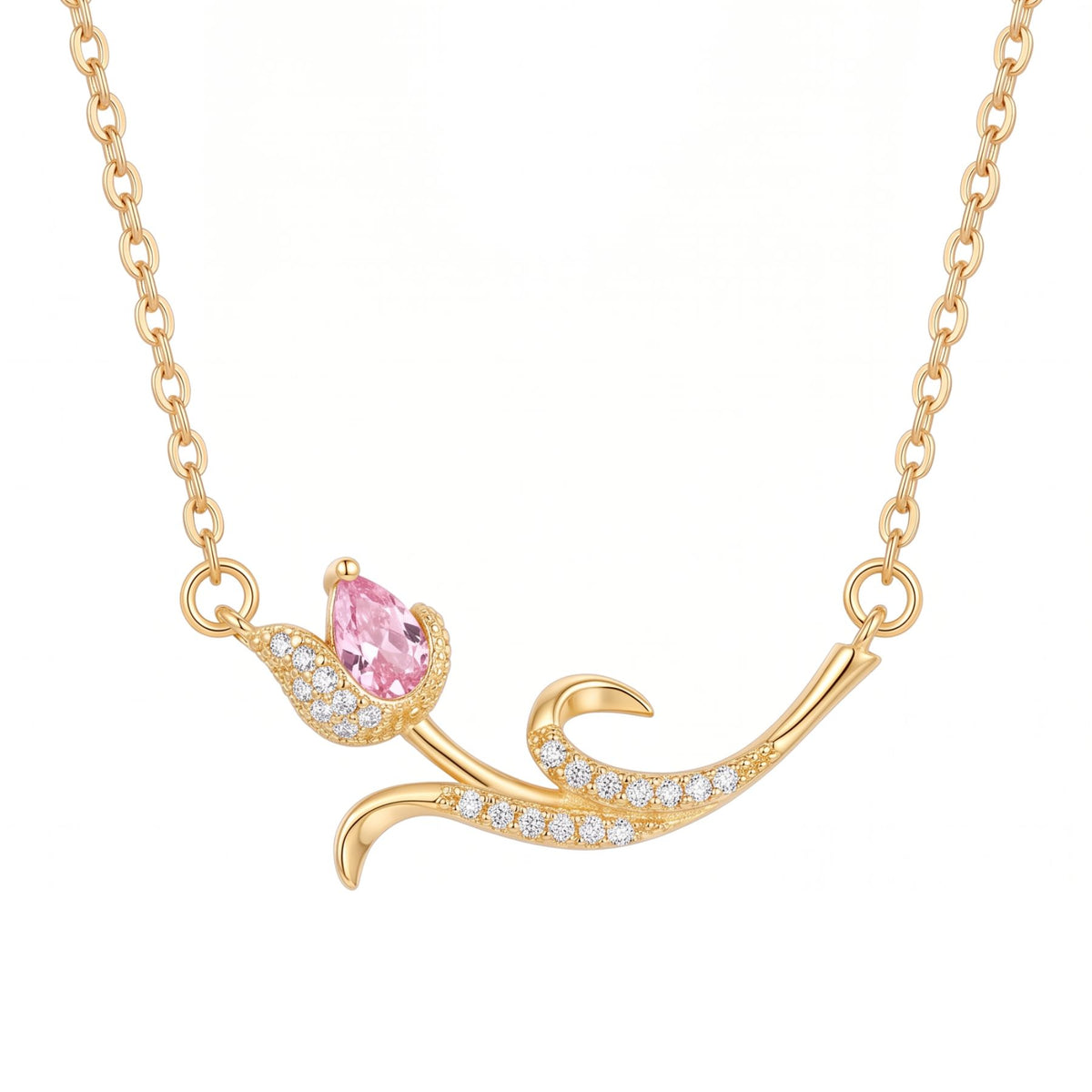 Collier pendentif floral pour femme, en cuivre doré, motif courbé serti d’une pierre rose et de zircons