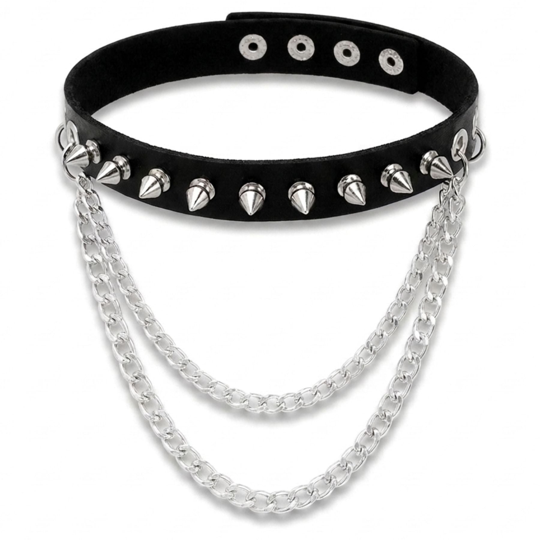 Collier ras de cou gothique pour femme, en simili cuir noir, avec double chaîne et clous coniques