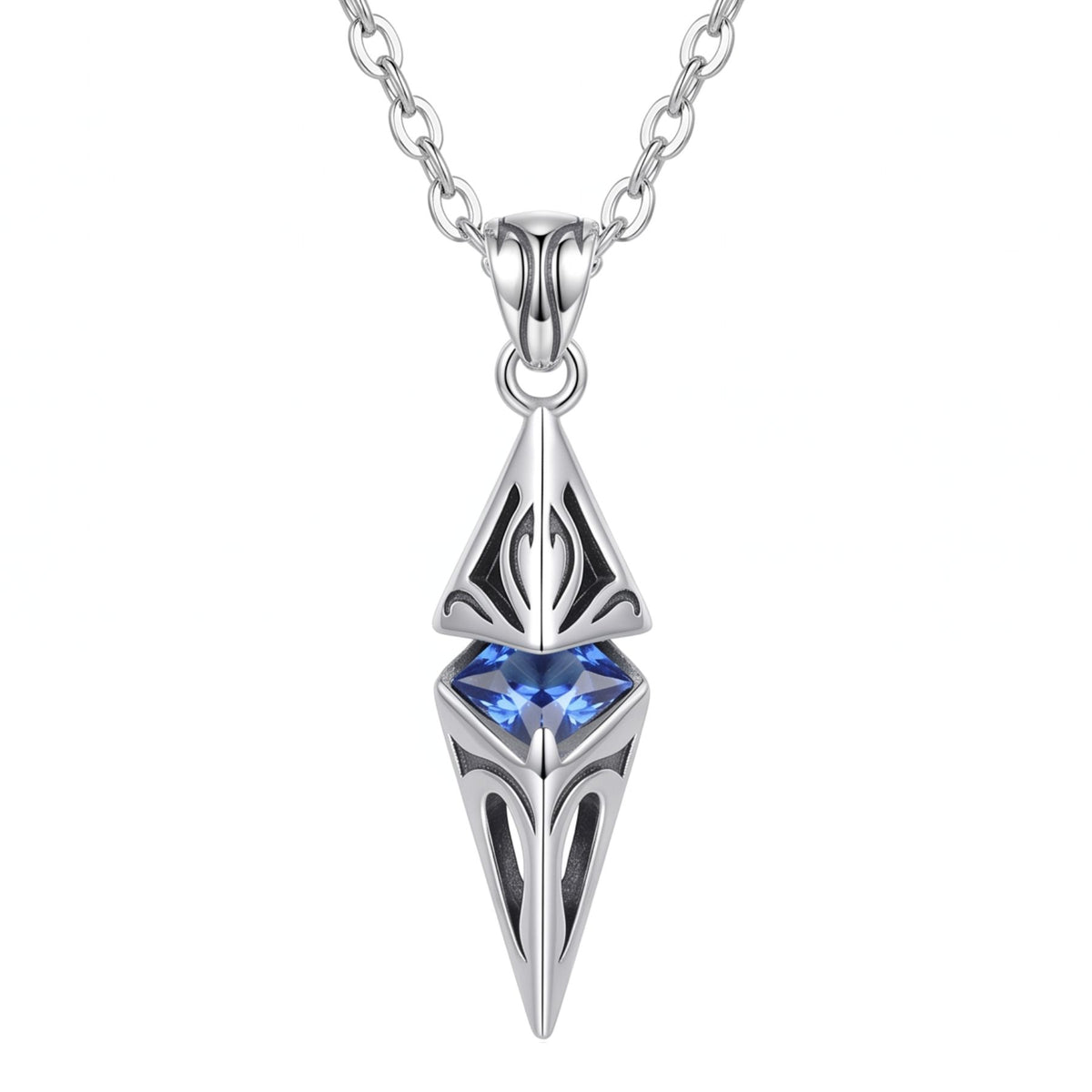 Collier pendentif géométrique pour homme, en cuivre argenté, avec pierre bleue facettée