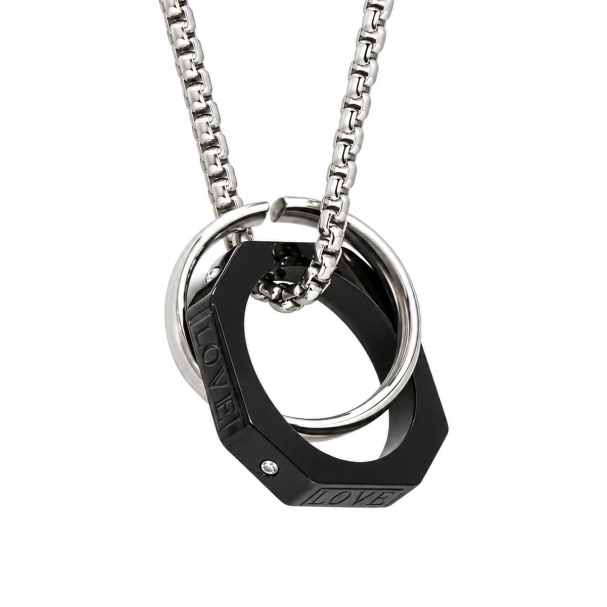 Collier pendentif double anneaux entrelacés pour homme, en acier inoxydable, gravé LOVE avec cristal scintillant