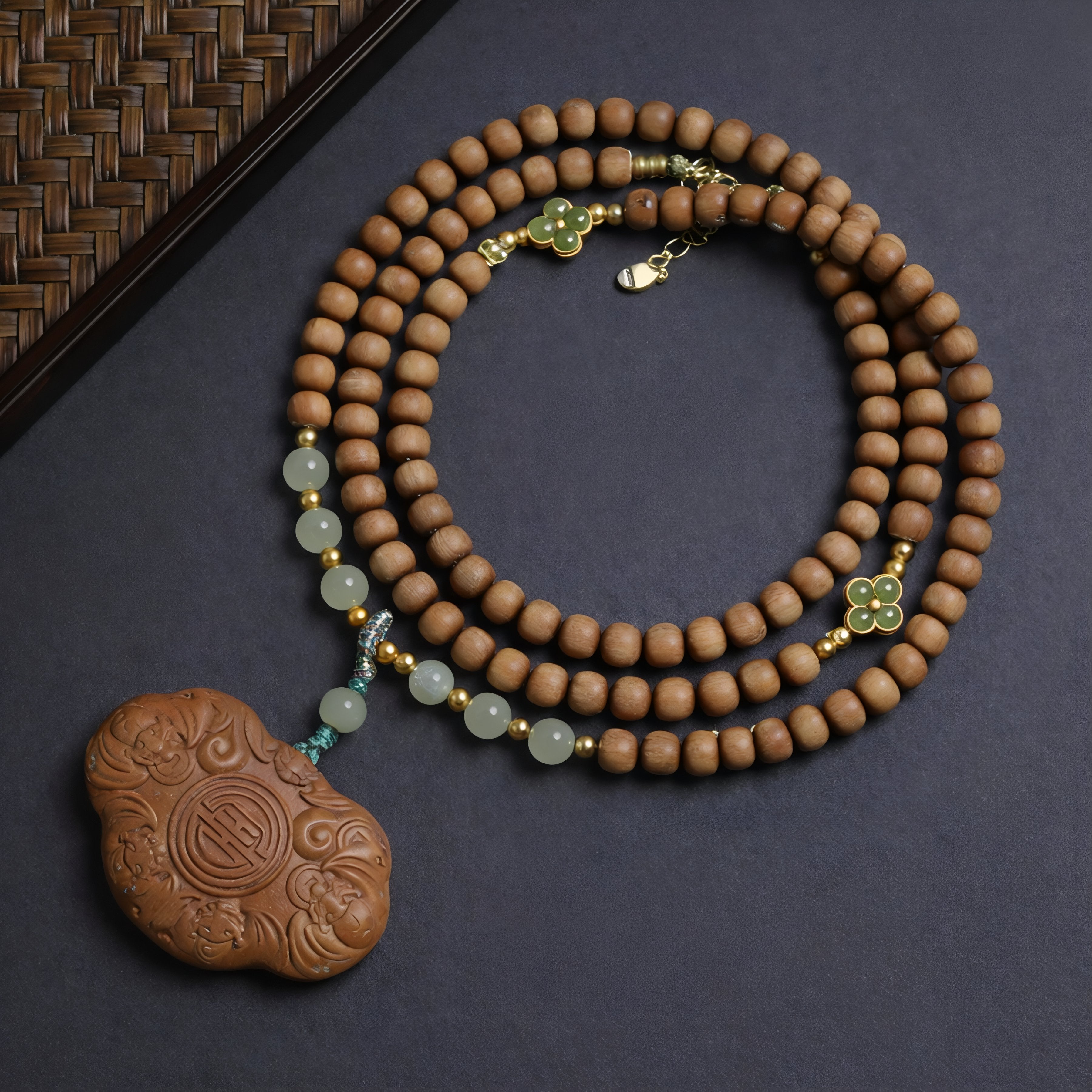 Ruyi-Halskette mit Anhänger aus Sandelholz für Damen, mit Holzperlen, Jadestein und Metalllegierung