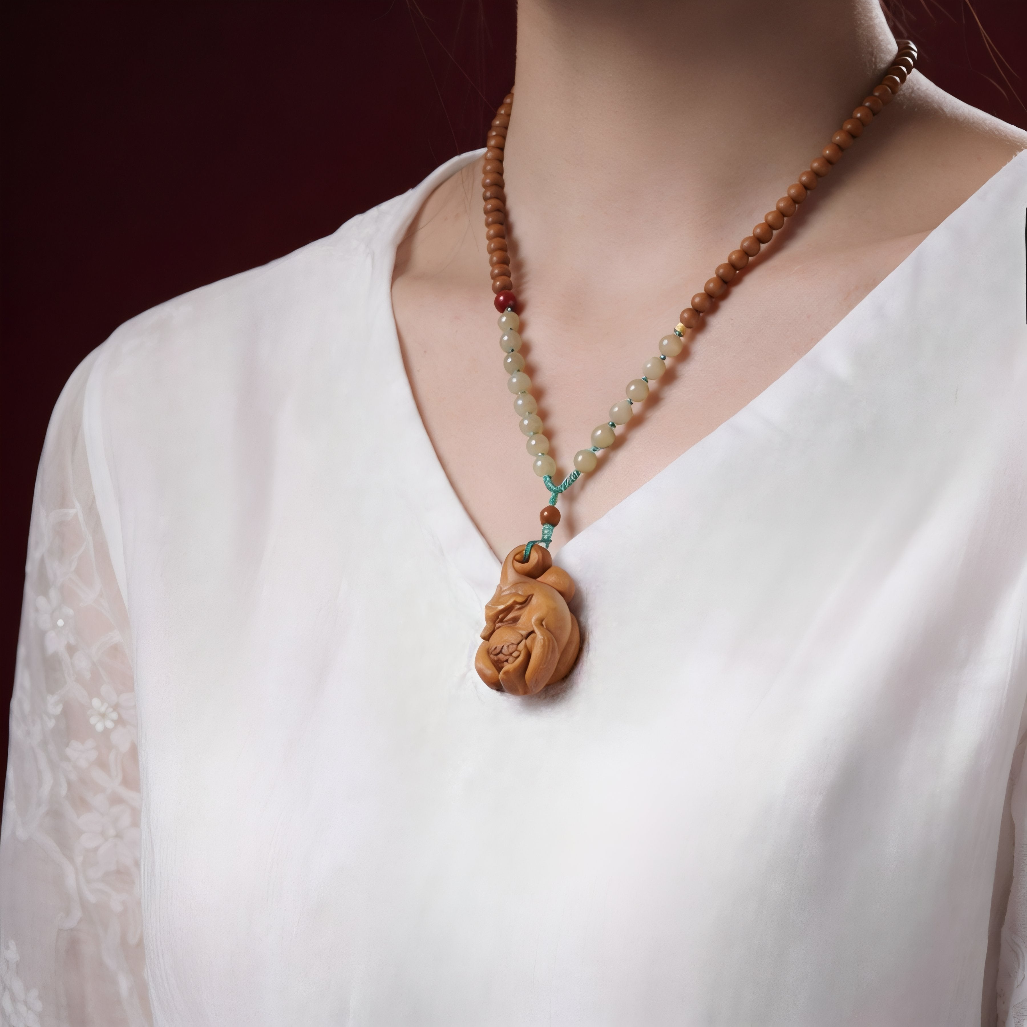 Feng-Shui-Halskette aus natürlichem Sandelholz und Holzperlen mit einem geschnitzten Fuchsanhänger