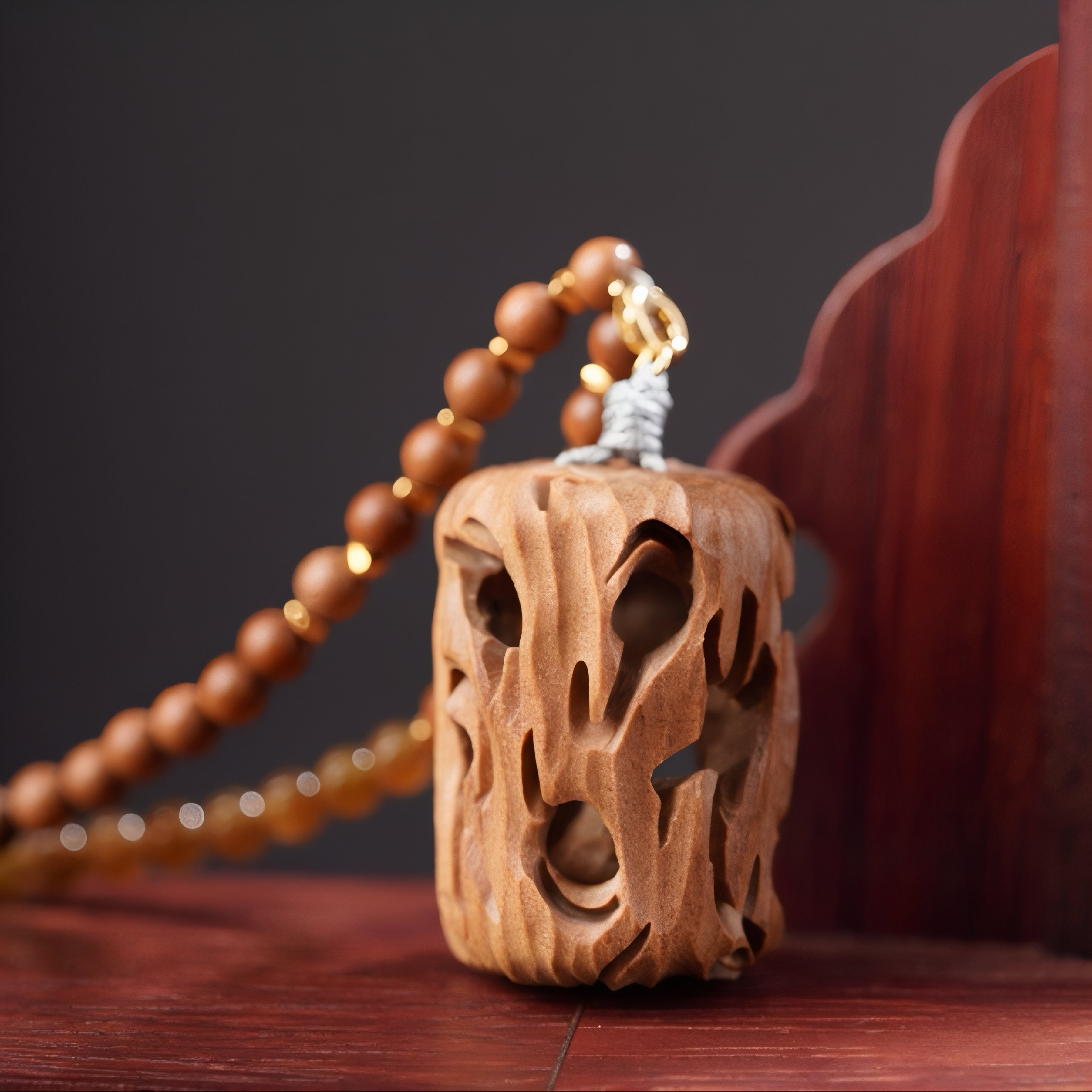 Natural sandalwood Buddha pendant necklace with wooden beads and metal alloy