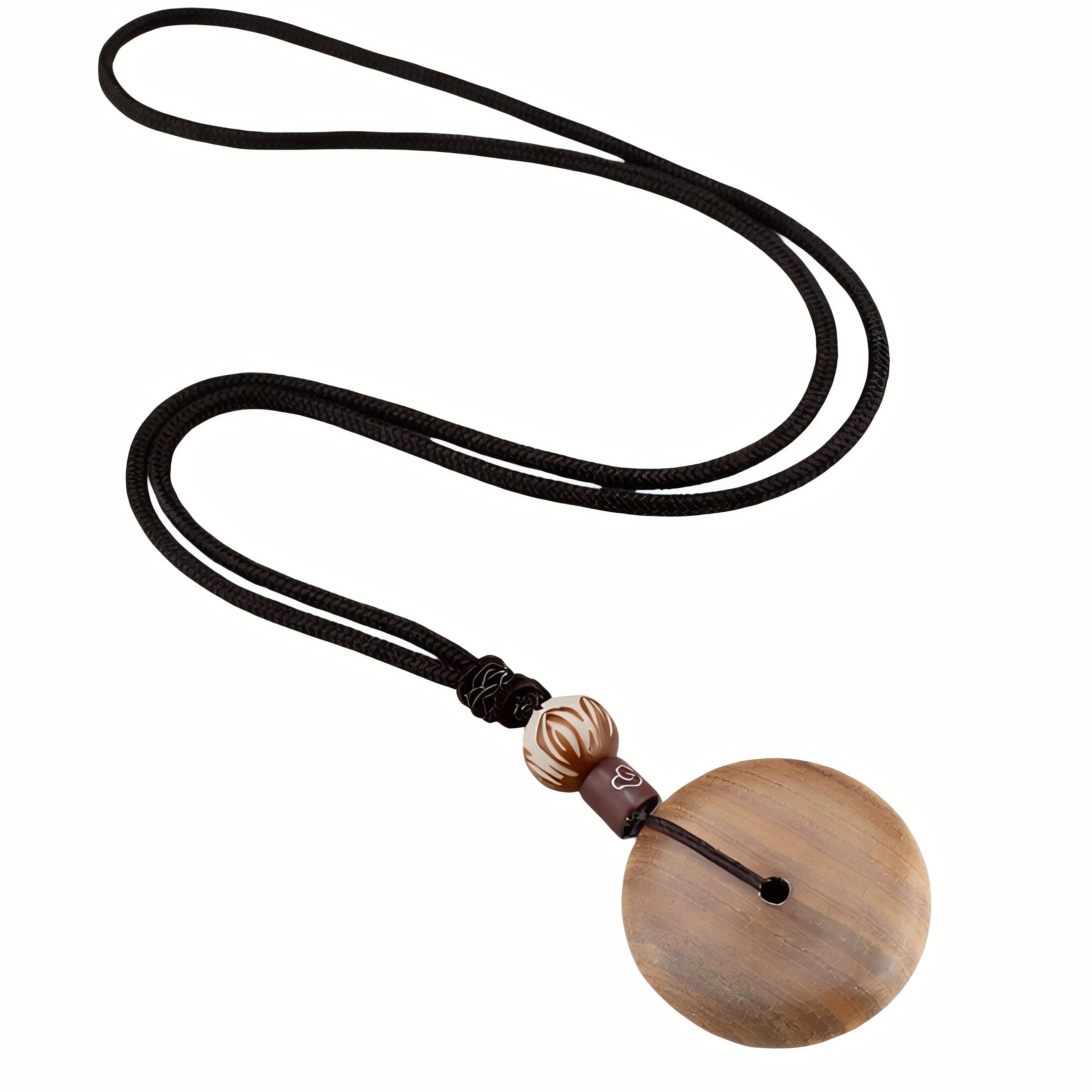 Halskette aus Naturholz für Damen, mit rundem Anhänger und Holzperle, fixierter Kordel