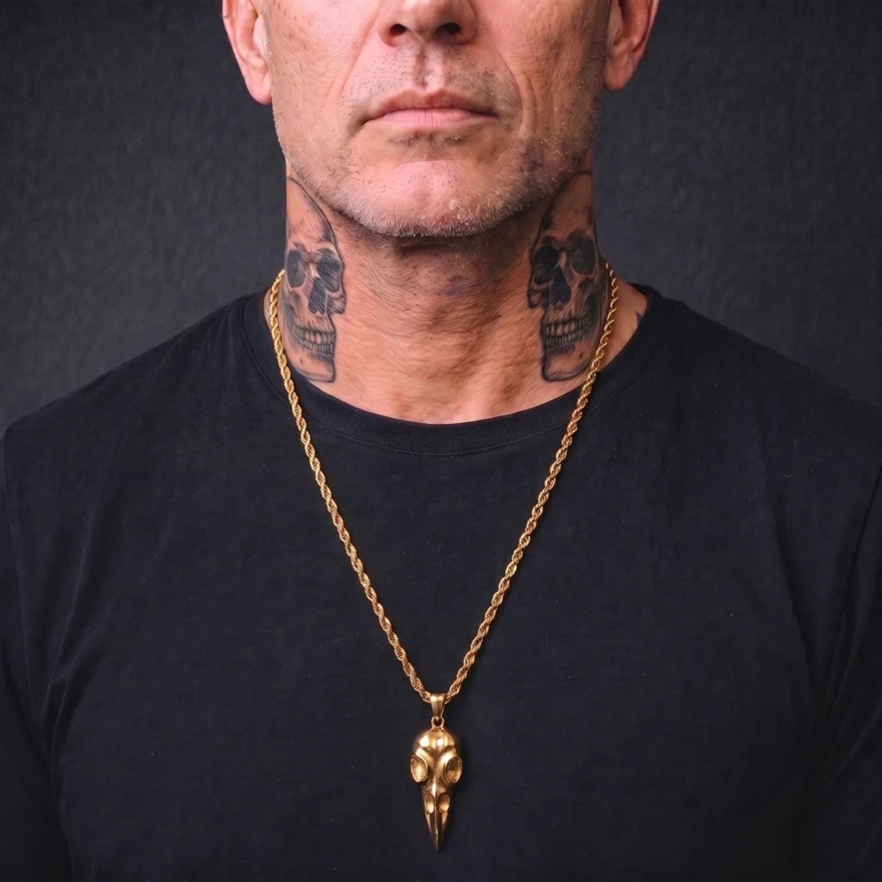 Men's raven skull necklace, in gold stainless steel, gothic style