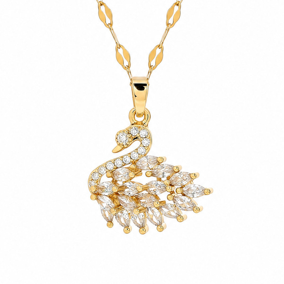 Collier pendentif cygne pour femme, en acier titane doré, avec pierres colorées en forme de plume